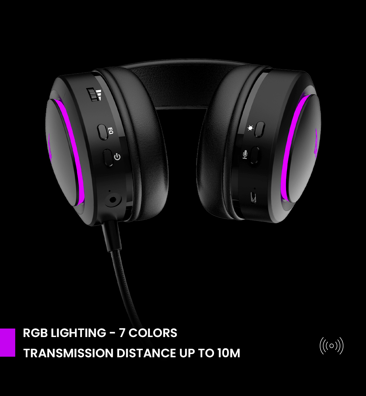 Schwarzes Gaming-Headset. Pinkfarbene Akzentlichter. Schwarzer Hintergrund.