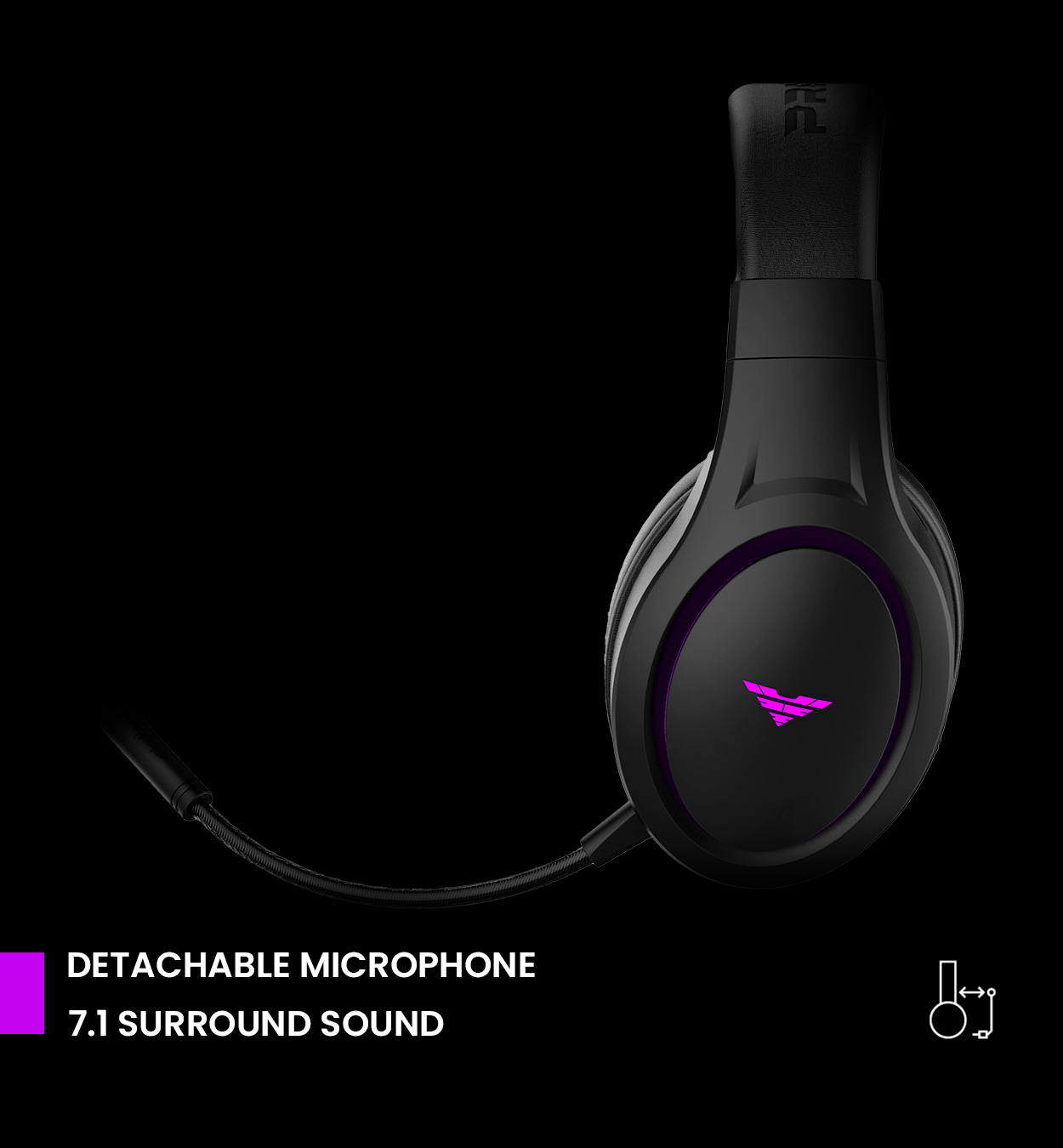Schwarzes Gaming-Headset mit abnehmbarem Mikrofon und lila Logo, auf schwarzem Hintergrund.