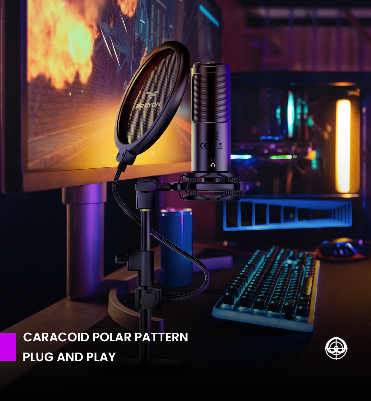Ein Mikrofon auf einem Ständer, mit Pop-Filter, Tastatur und Monitor im Hintergrund.