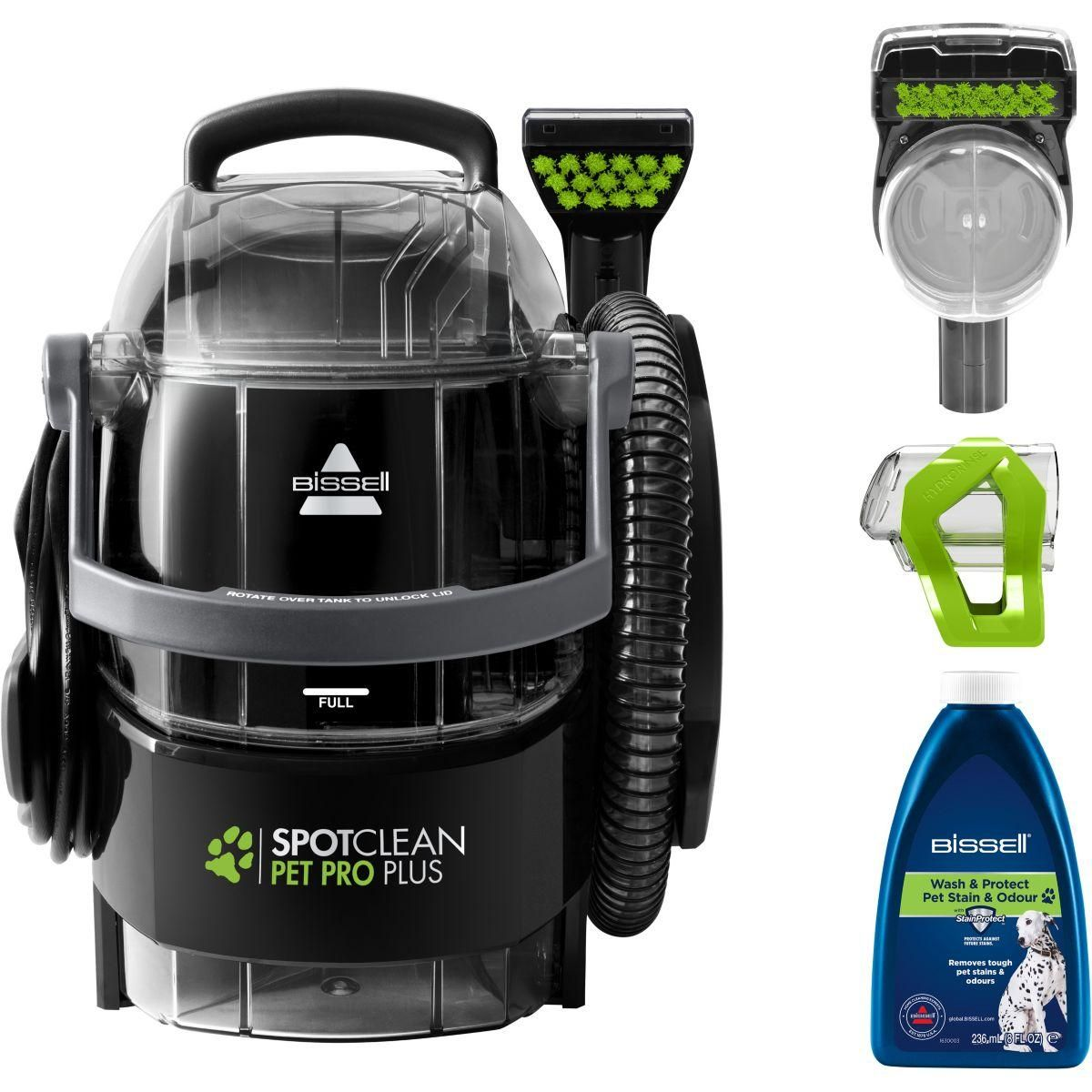 Una limpiadora Bissell SpotClean Pet Pro Plus negra y transparente.