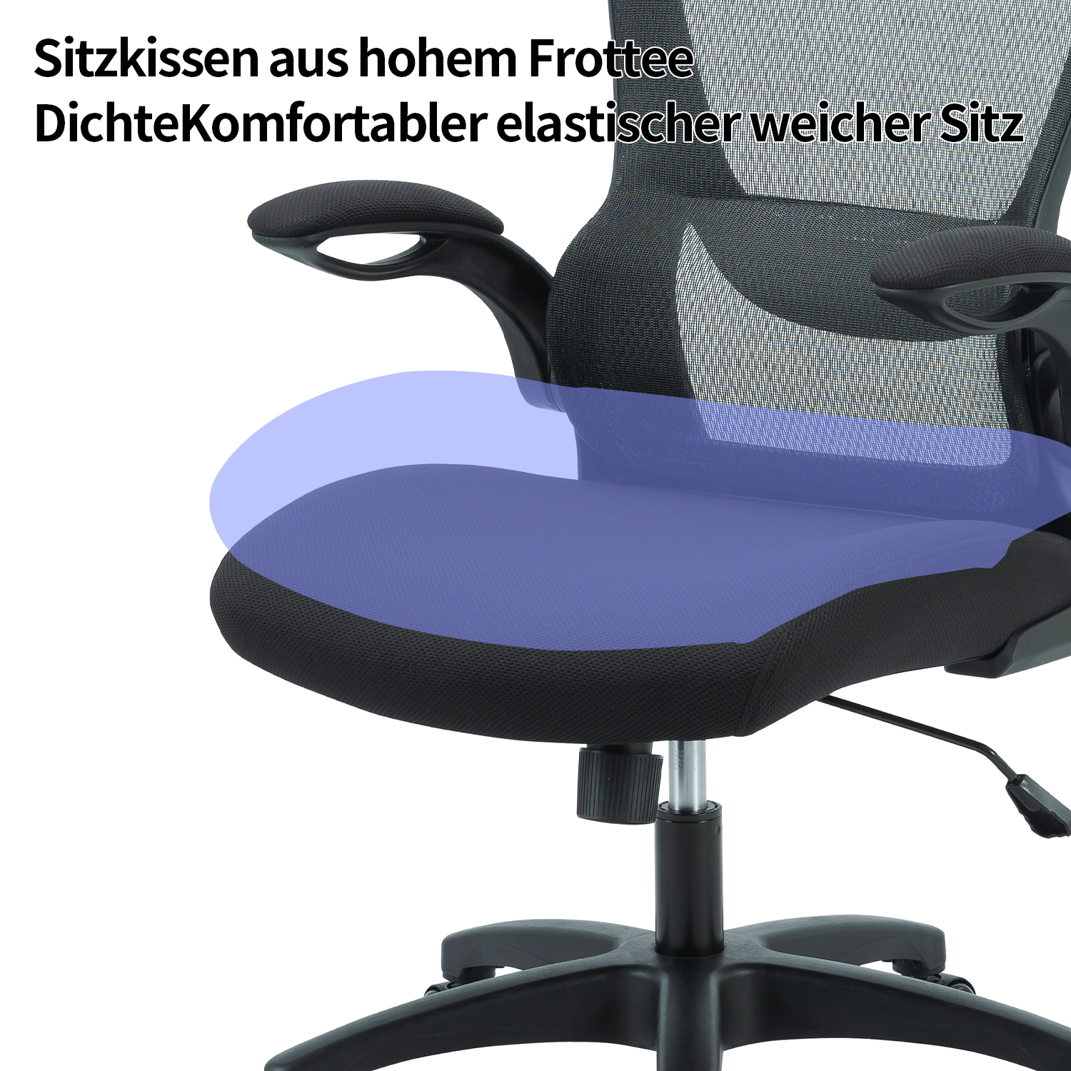 Bürostuhlsitz Detail. Blaue Markierung zeigt den Sitzpolsterbereich.