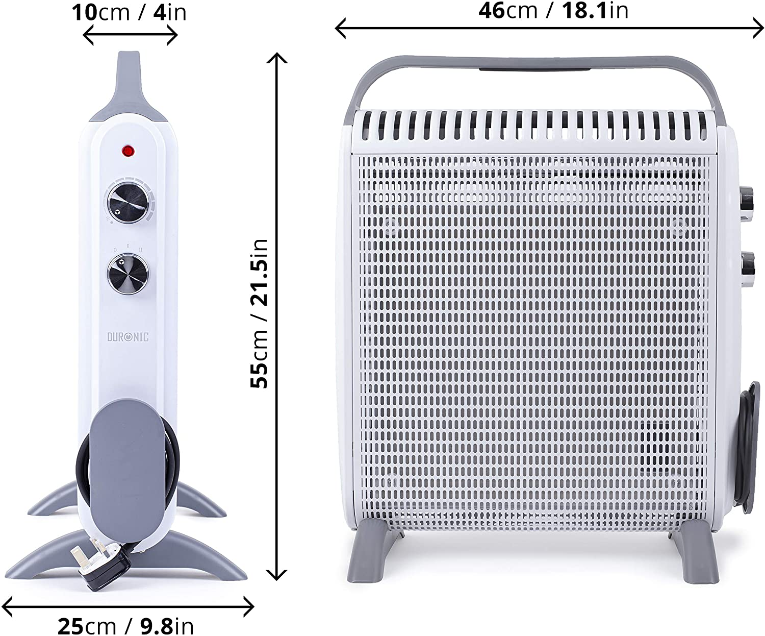 Weiß-grauer elektrischer Heizlüfter. Abmessungen in cm und Zoll: Höhe 55 cm/21,5 Zoll, Breite 46 cm/18,1 Zoll, Tiefe 25 cm/9,8 Zoll.