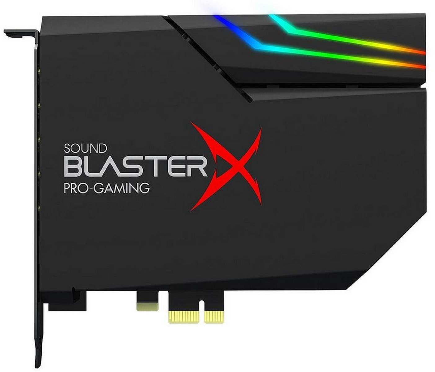 Schwarze Soundkarte mit rotem X-Logo. RGB-Lichter oben. Weißer Hintergrund.