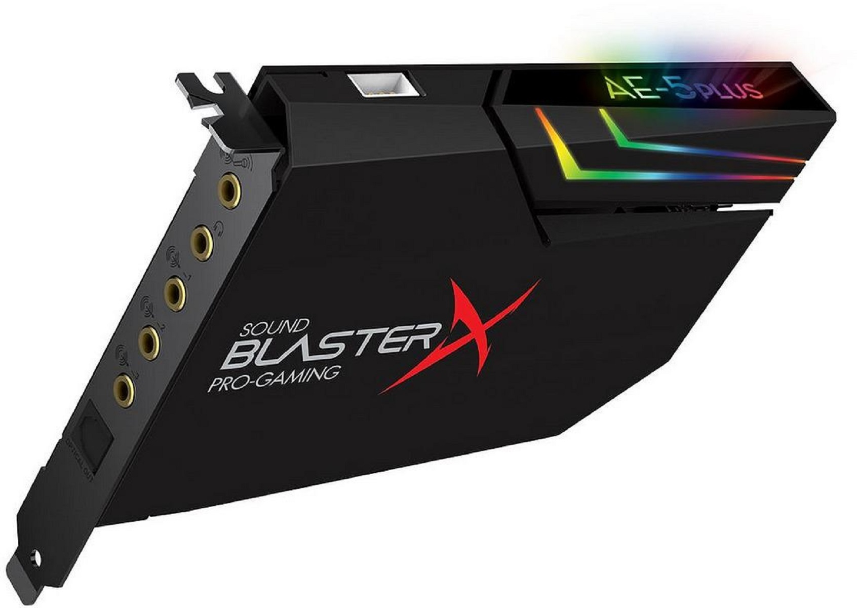 Sound Blaster Soundkarte. Schwarz mit rotem Logo und bunten LED-Lichtern.