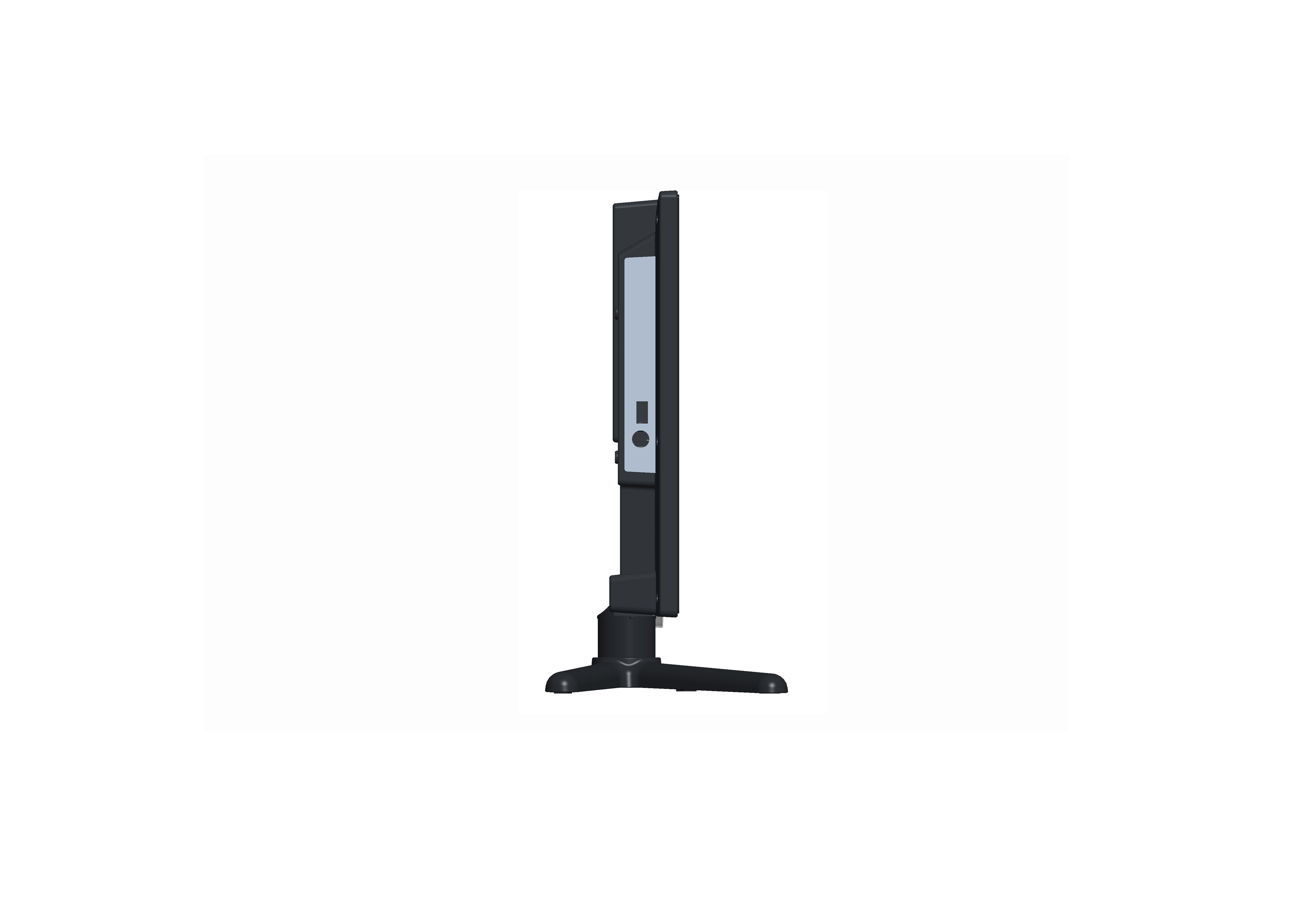 Seitenansicht eines schwarzen Monitors auf einem schwarzen Ständer, isoliert auf weißem Hintergrund.