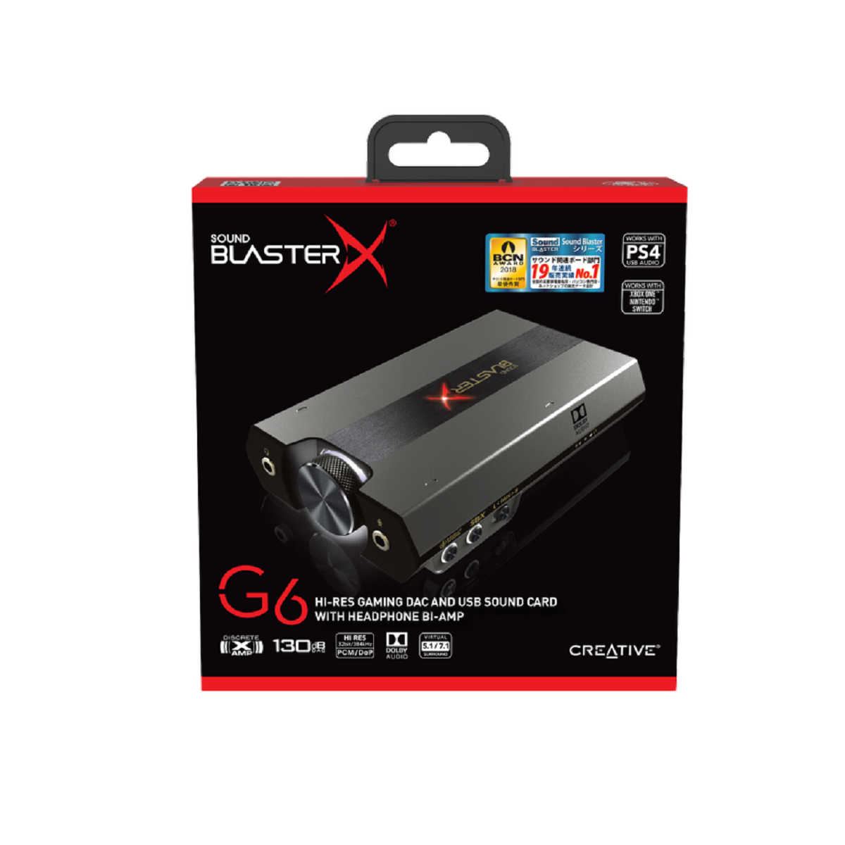 Schwarze und rote Schachtel mit Soundkarte. Die Karte ist schwarz und silber. Text: Sound Blaster X G6.