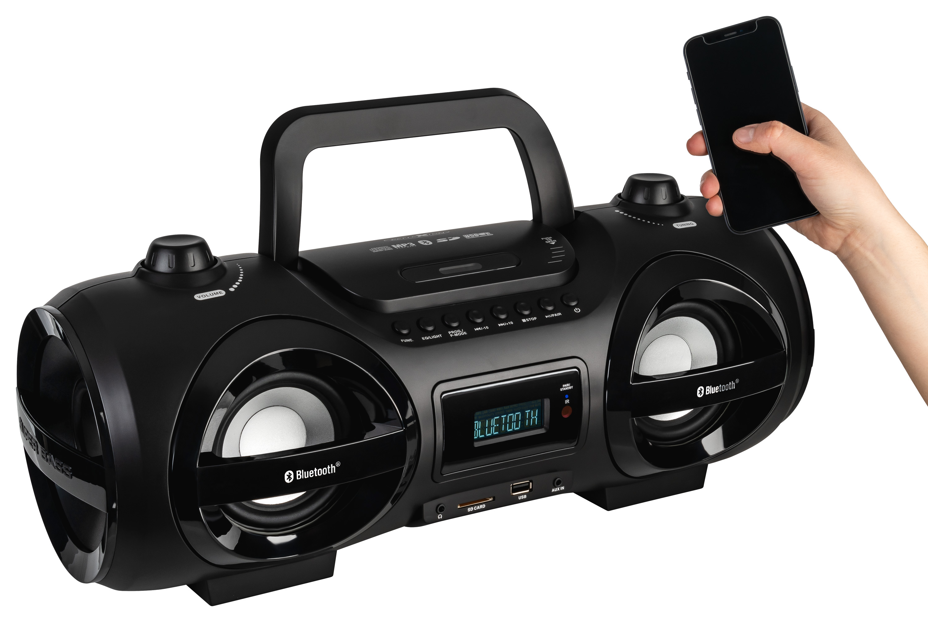 Schwarzer tragbarer Lautsprecher und Smartphone, Text: Bluetooth, USB, etc. Eine Hand hält das Telefon.