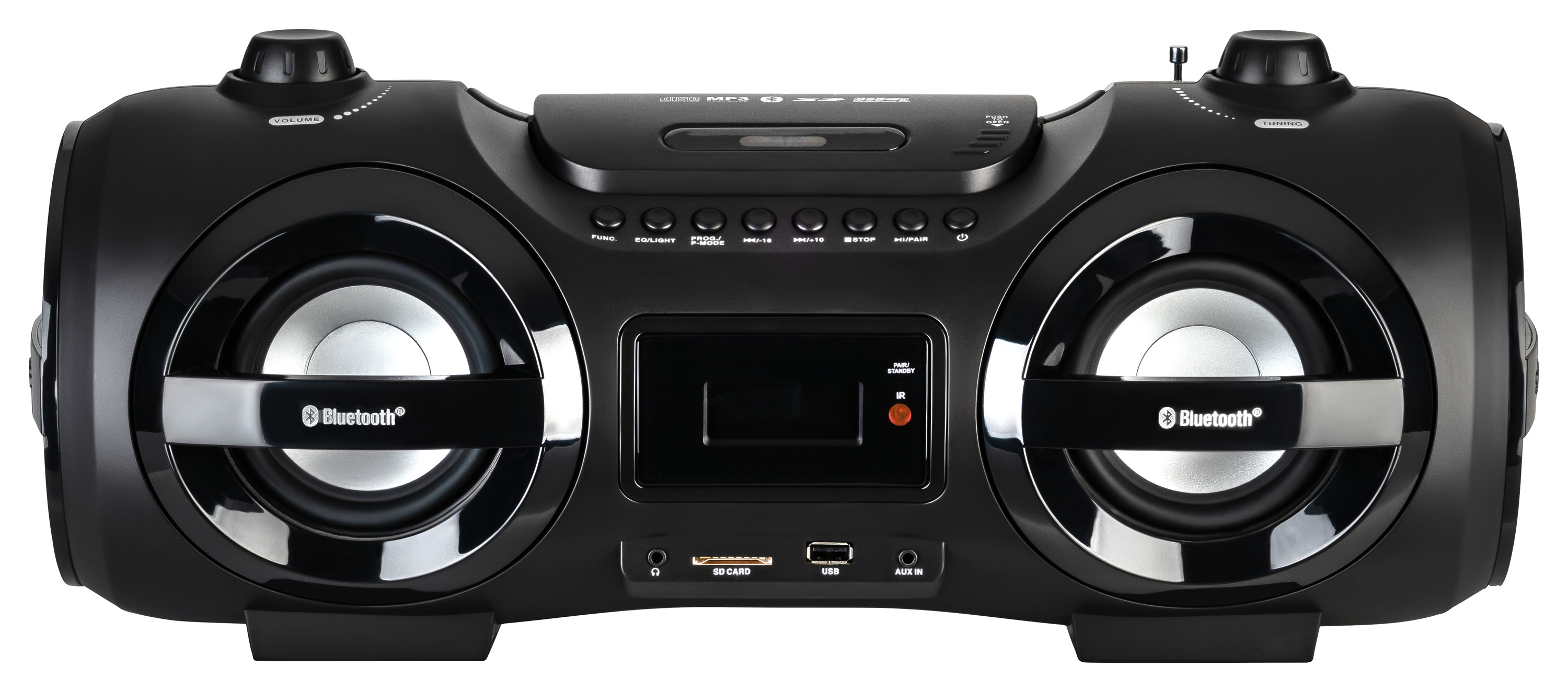 Eine schwarze Boombox mit Lautsprechern, Knöpfen und einem Display. Bluetooth-Logo ist auf den Lautsprechern sichtbar.
