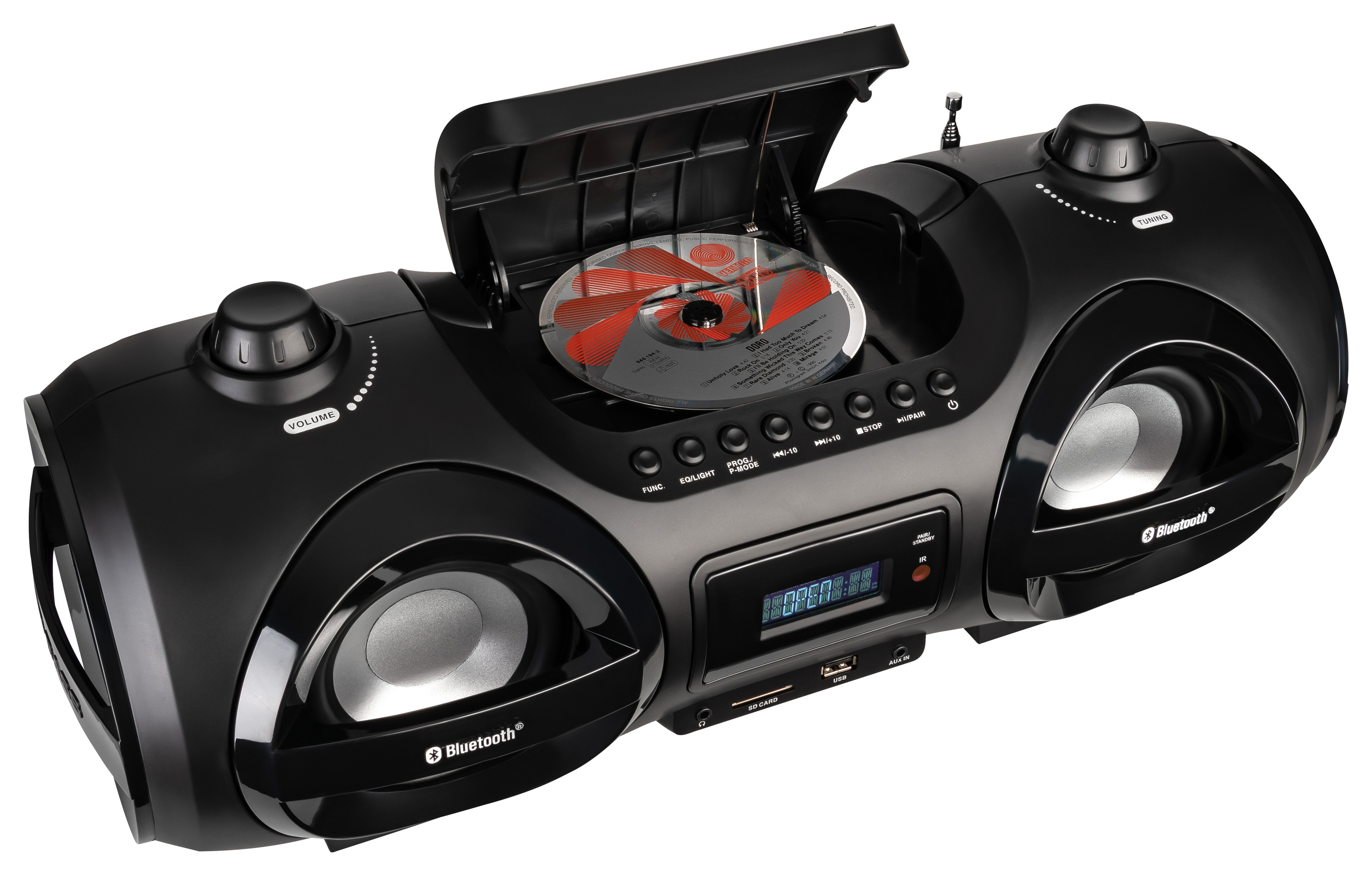 Eine schwarze Boombox mit geöffnetem CD-Player, Radiodrehregler, Lautstärke- und Funktionsknöpfen und Bluetooth.