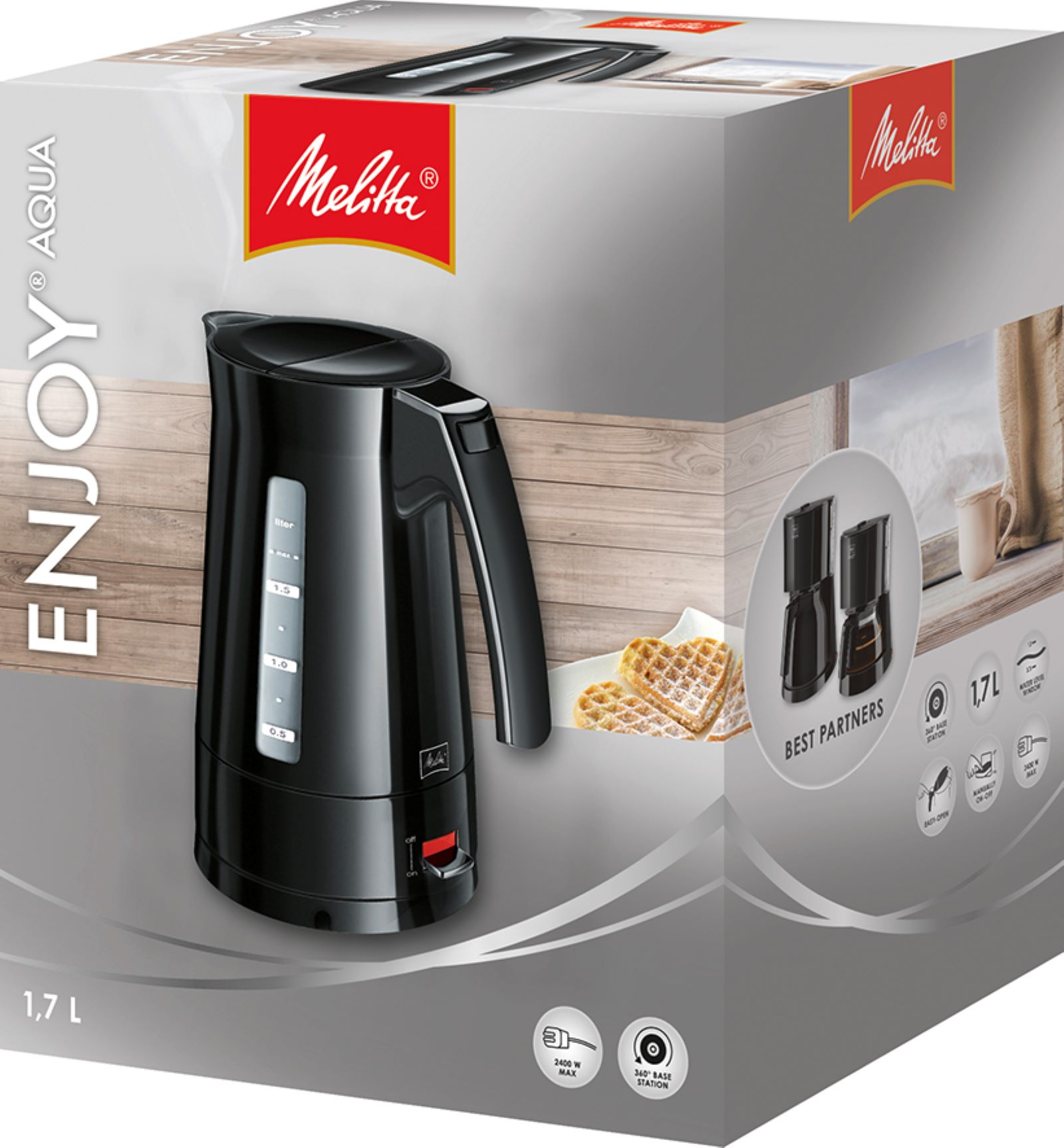 Hervidor eléctrico negro Melitta Aqua en su caja, con imágenes de gofres y cafetera.