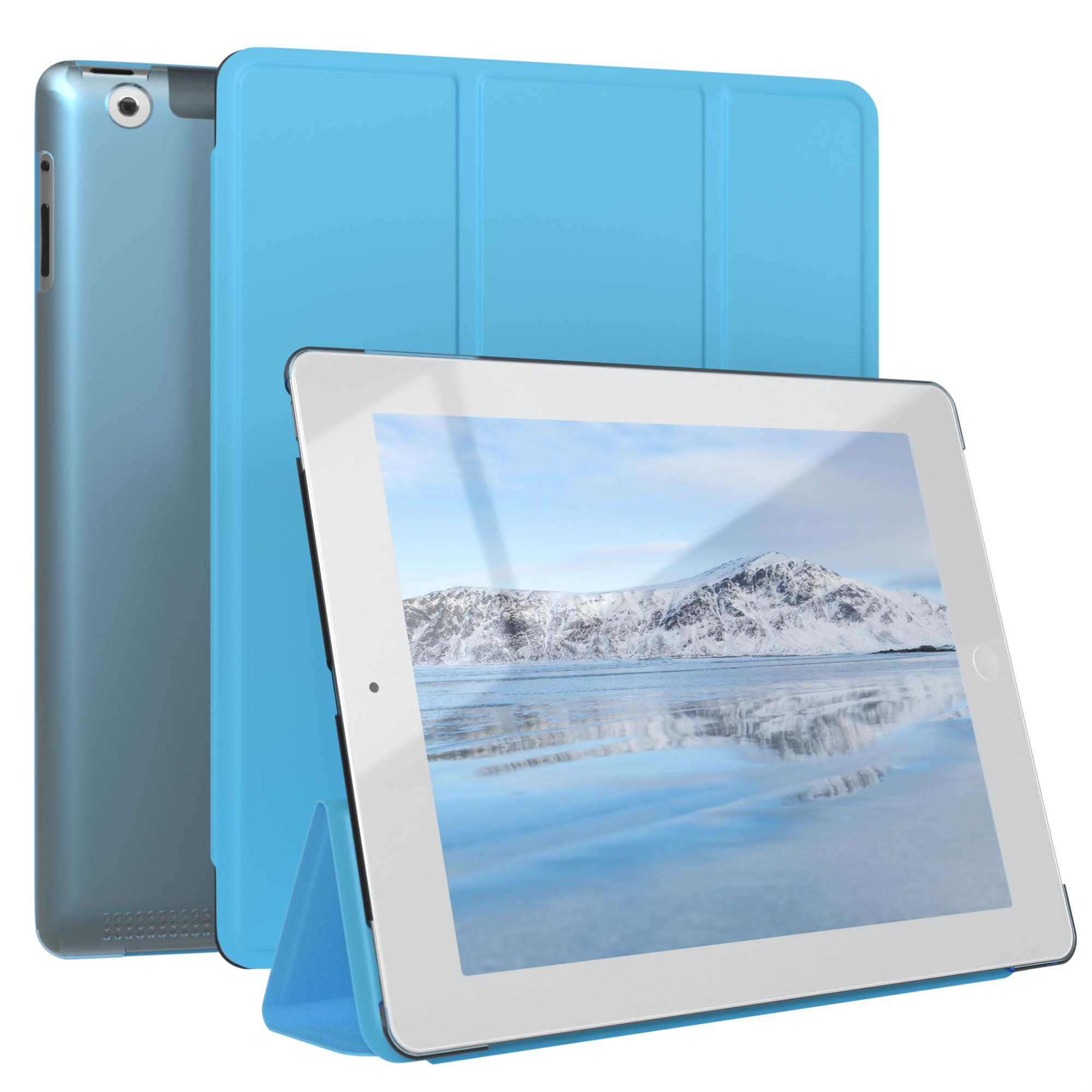Ein blaues Tablet mit hellblauer Hülle und einer verschneiten Berglandschaft auf dem Bildschirm.