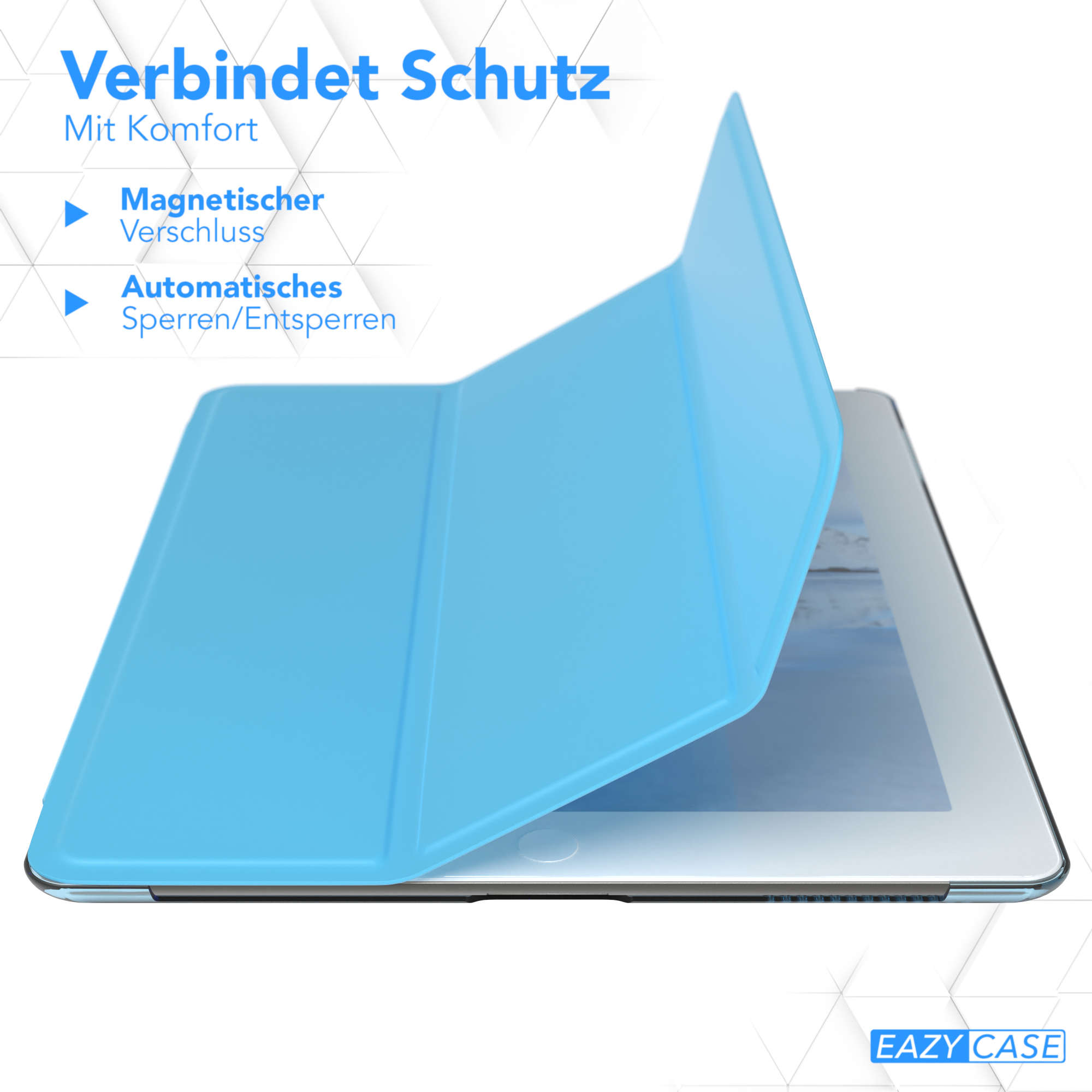 Blaue Tablet-Hülle, geöffnet. Tablet innen. Zeigt eine blaue Hülle und ein silbernes Tablet.
