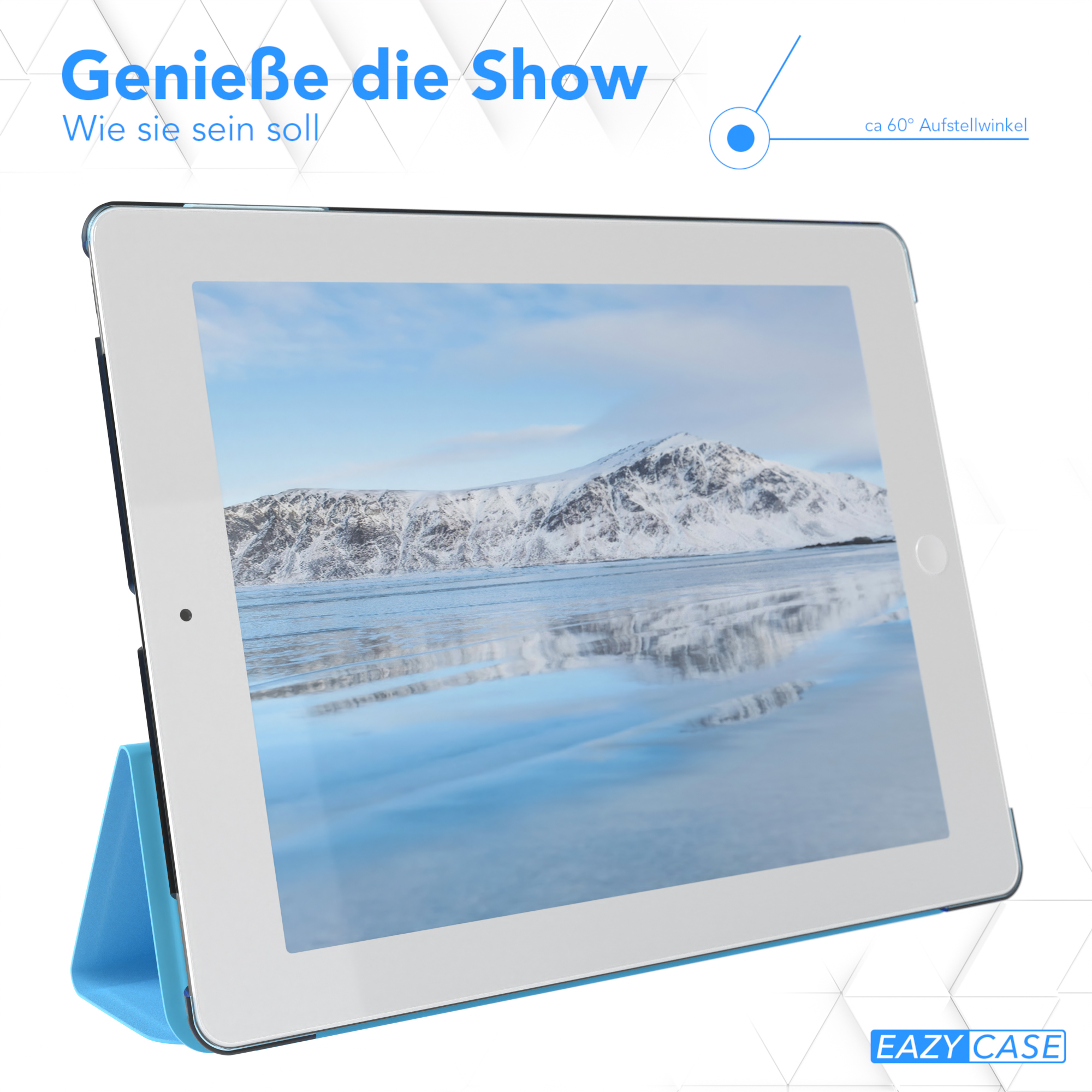 Ein Tablet, das eine schneebedeckte Berglandschaft zeigt, auf einem blauen Ständer.