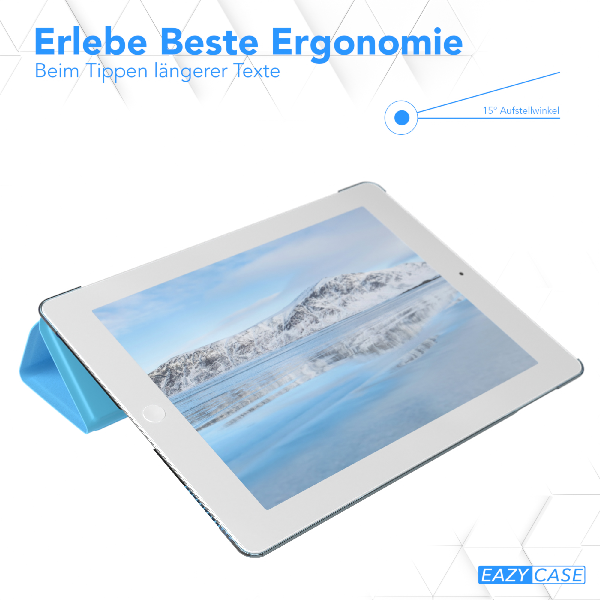 Ein Tablet in einer blauen Hülle, schräg angestellt, mit einer schneebedeckten Berglandschaft.