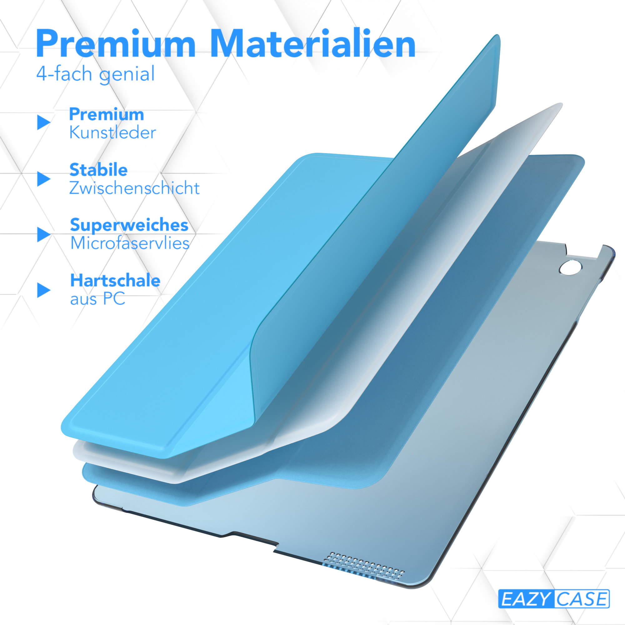 Schichten aus blauer Schutzfolie für ein Tablet, die hochwertige Materialien zeigen.