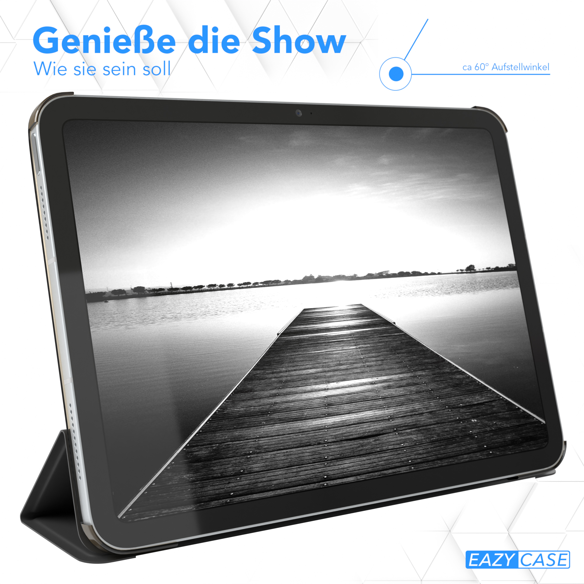 Tablet in Hülle, Bild auf dem Bildschirm, Text oben. Schwarz.