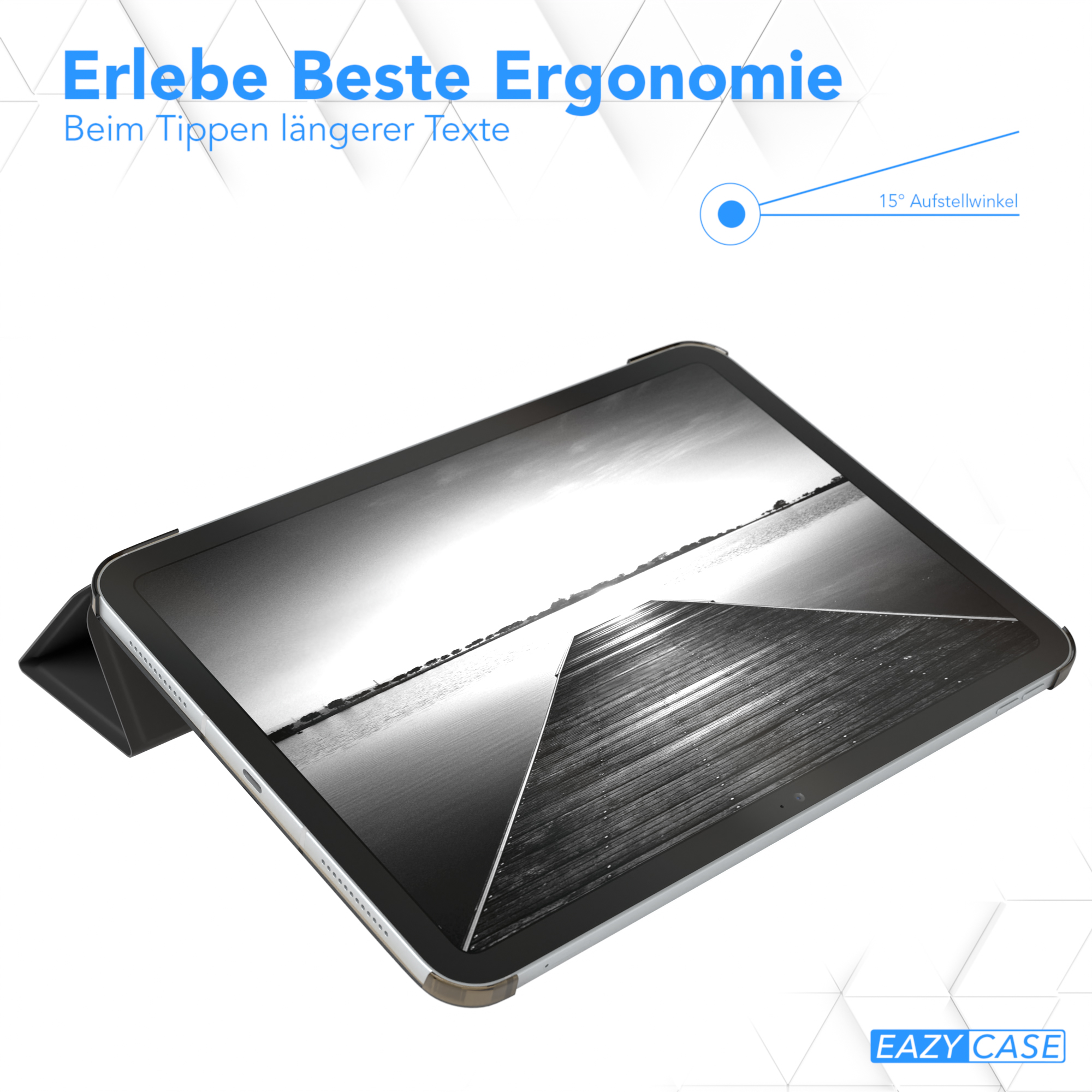 Ein Tablet in einer Hülle, abgewinkelt, mit Blick auf einen Strand.