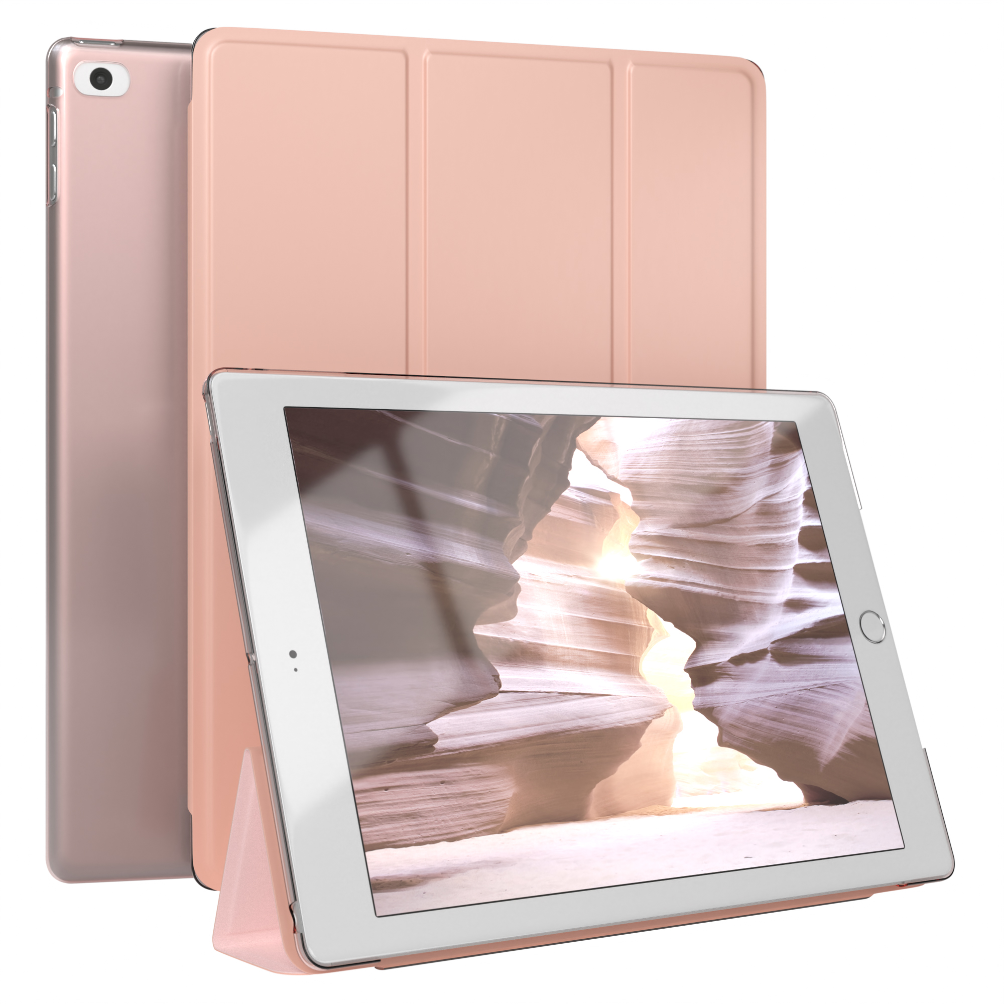 Ein rosa iPad mit passender Hülle, geöffnet mit Landschaftsbild auf dem Bildschirm.