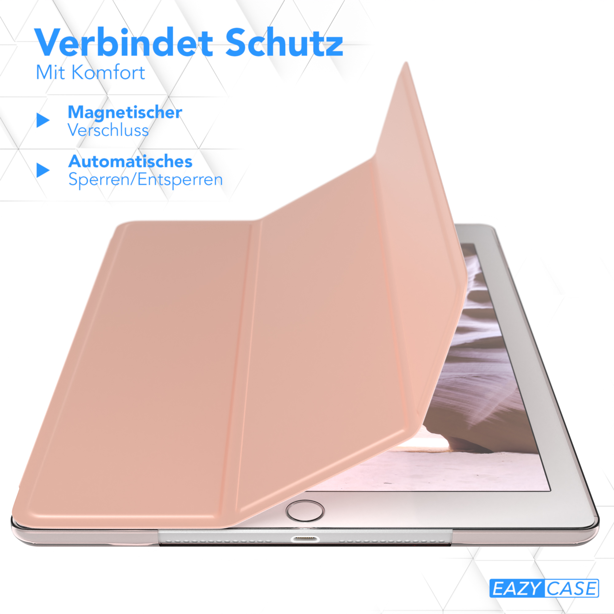 Ein Tablet mit geöffneter Hülle. Die Hülle ist rosa und das Tablet liegt auf einer weißen Oberfläche.