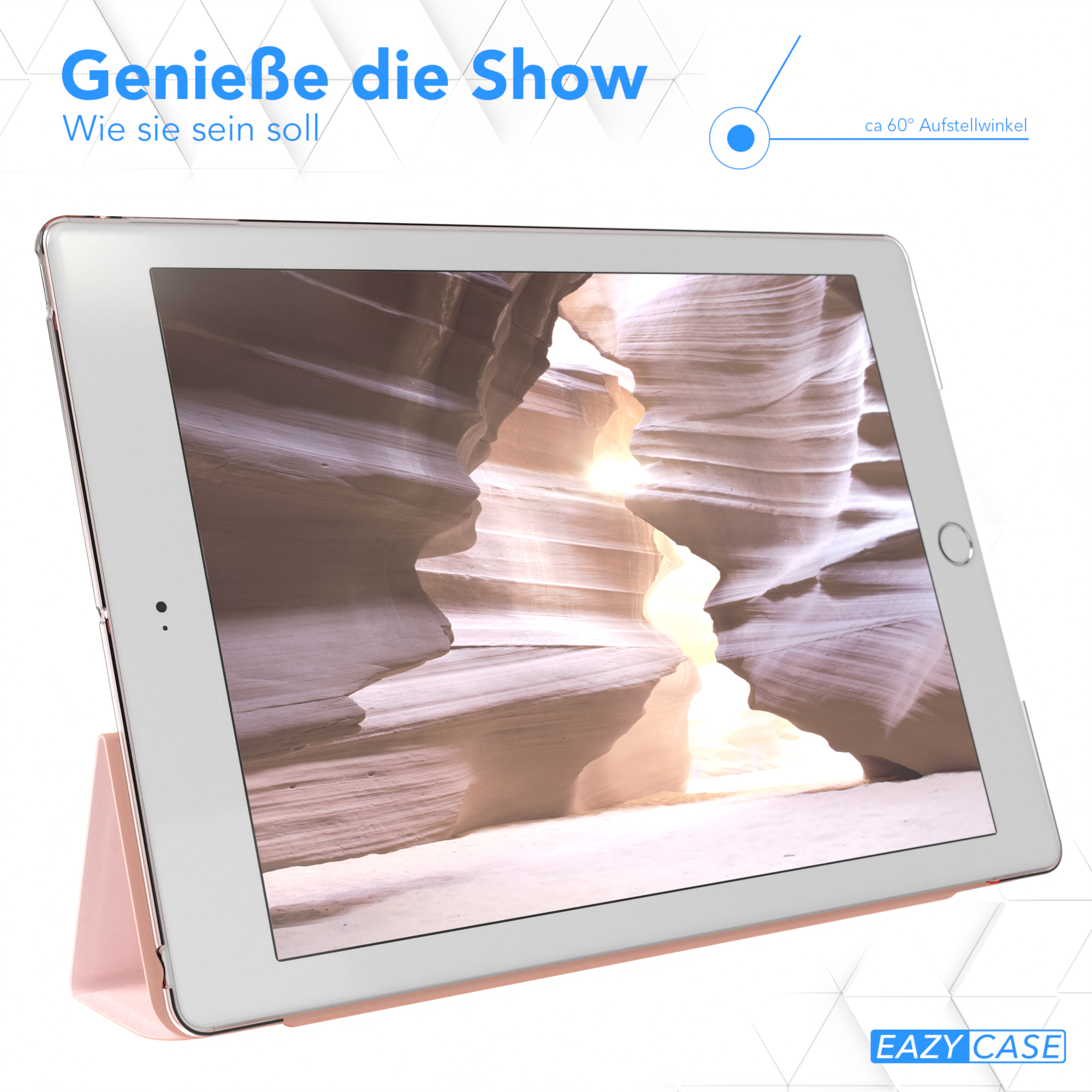 Ein Tablet in einem rosa Case, aufgestellt, um ein Canyon-Bild zu betrachten. Text: 'Genieße die Show'.