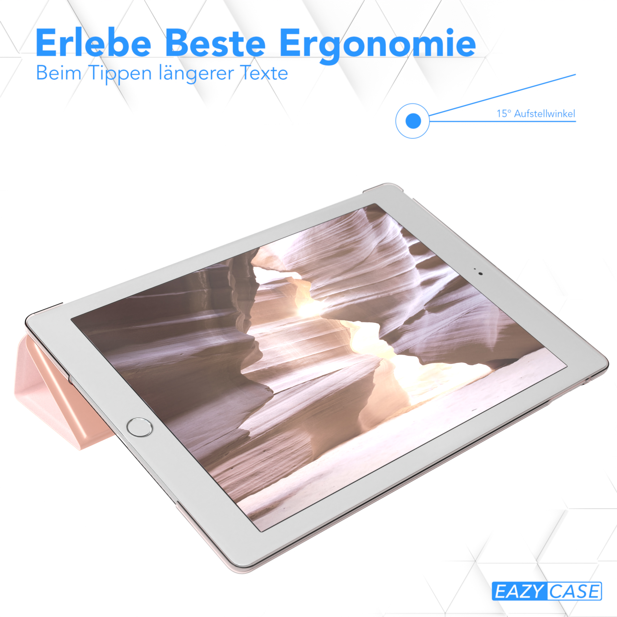 Ein Tablet, abgewinkelt, mit rosa Hülle, zeigt ein Canyon-Bild und Text.