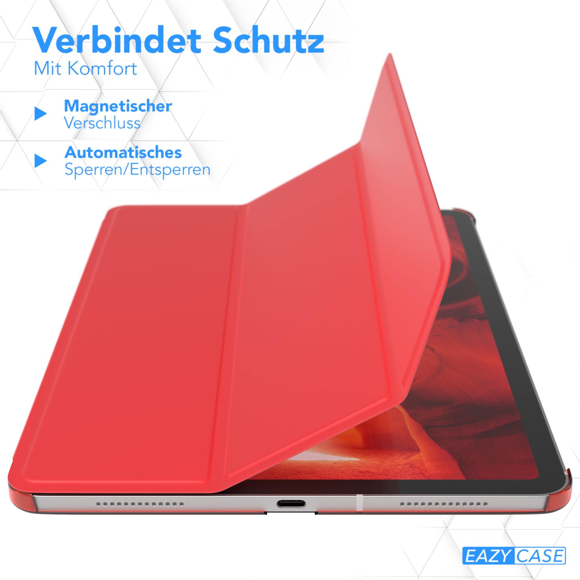 Eine rote Tablet-Hülle, geöffnet, mit einem Tablet. Text lautet 'Verbindet Schutz'.