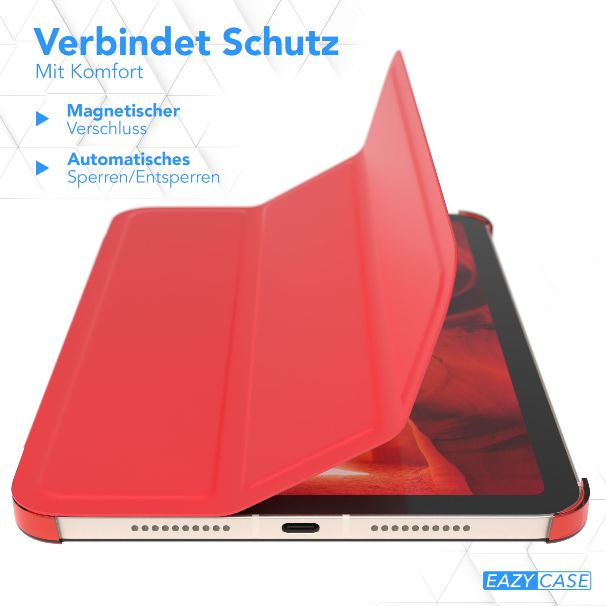 Rote Tablet-Hülle geöffnet, Tablet sichtbar. Text: 'Verbindet Schutz'. Merkmale: Magnetverschluss.