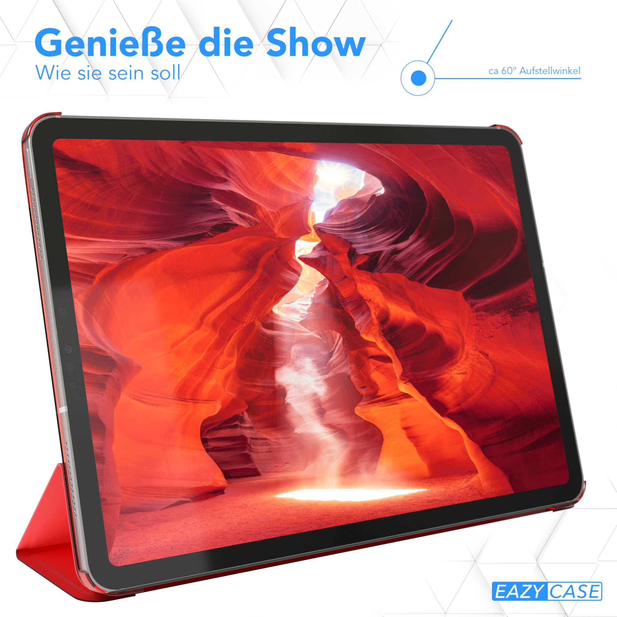 Tablet in roter Hülle, zeigt rote Canyonlandschaft. Das Tablet ist um 60 Grad geneigt.