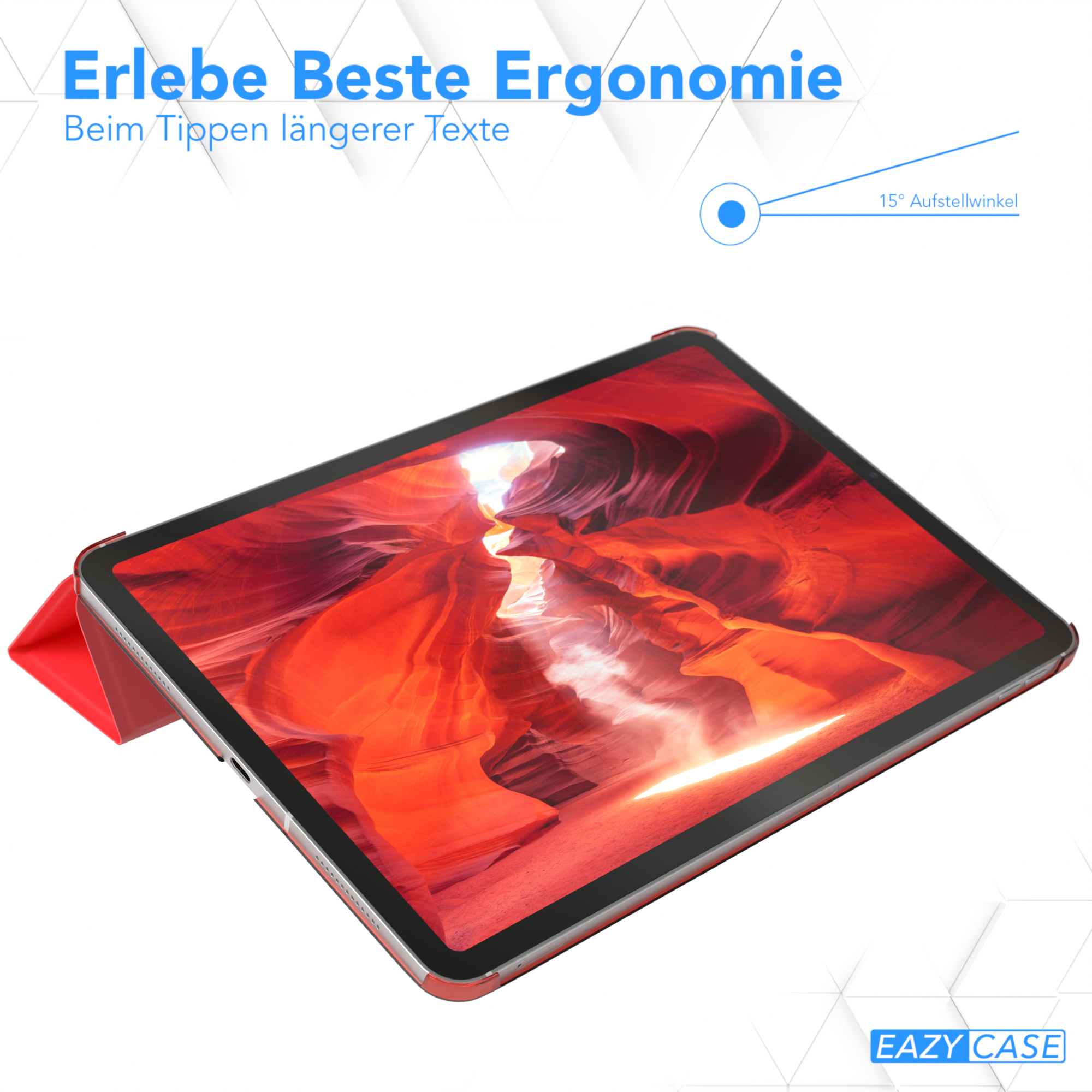 Tablet in roter Hülle mit offenem Bildschirm. Winkel wird gezeigt. Text: Beste Ergonomie.