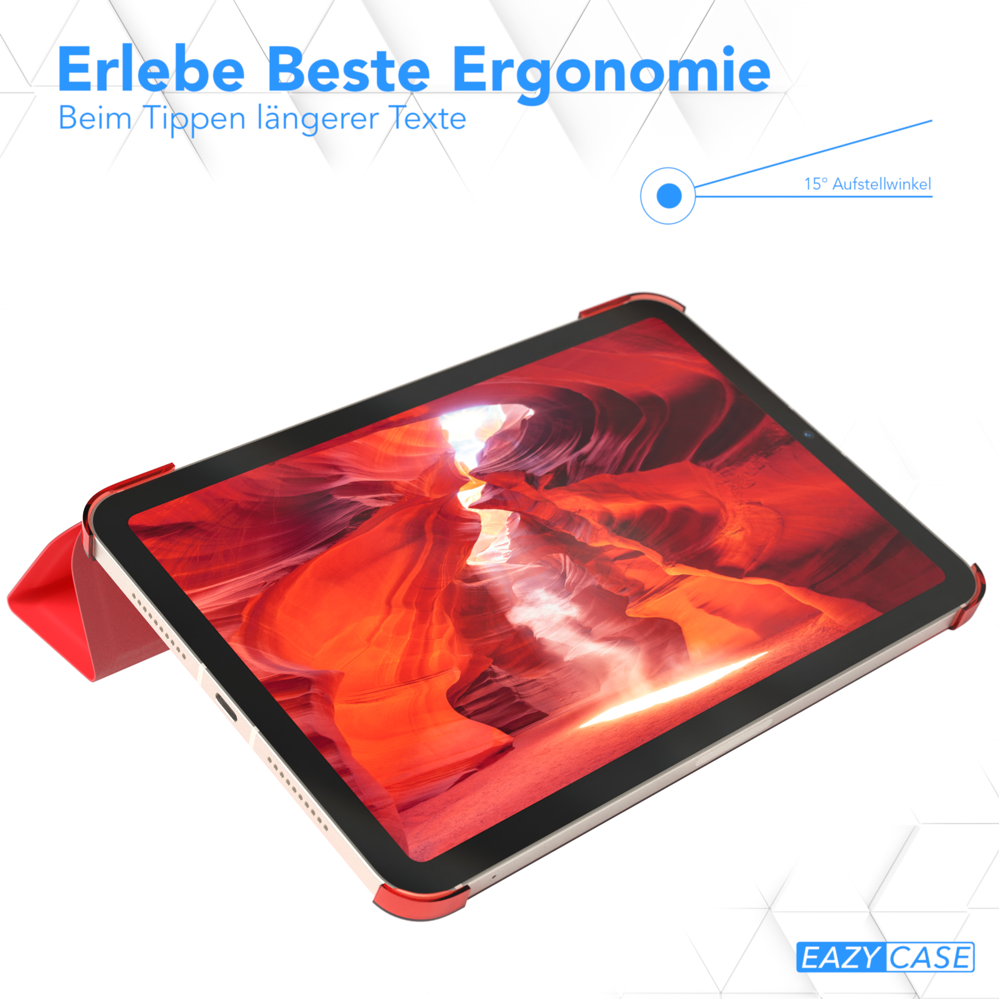 Eine rote Tablethülle mit einem Tablet auf weißem Untergrund. Ein blauer Kreis zeigt den Winkel an.