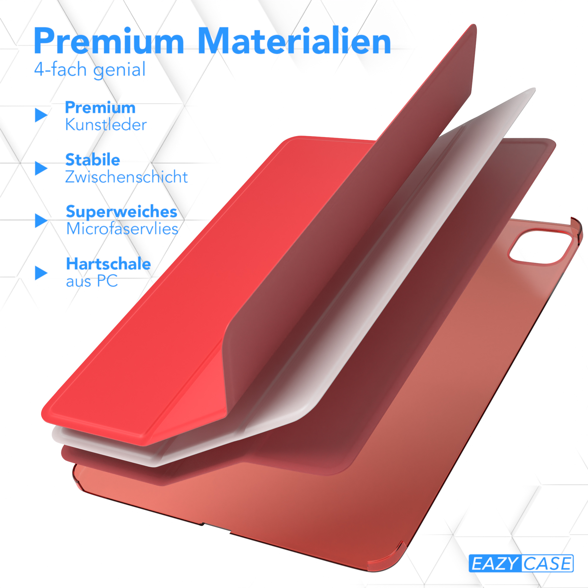 Gehäuseschichten: rotes Oberteil, weiße Mitte, roter Boden; Text: Premium Materialien, Premium Kunstleder.