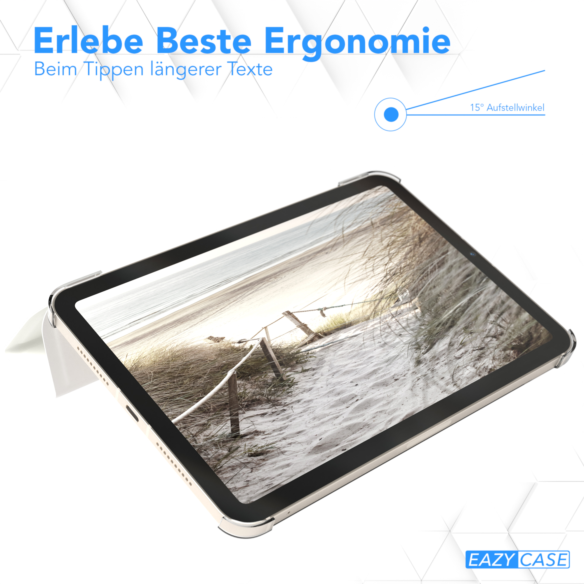Tablet mit Hülle, abgewinkelt zum Tippen. Text oben und Logo unten. Strandansicht auf dem Bildschirm.