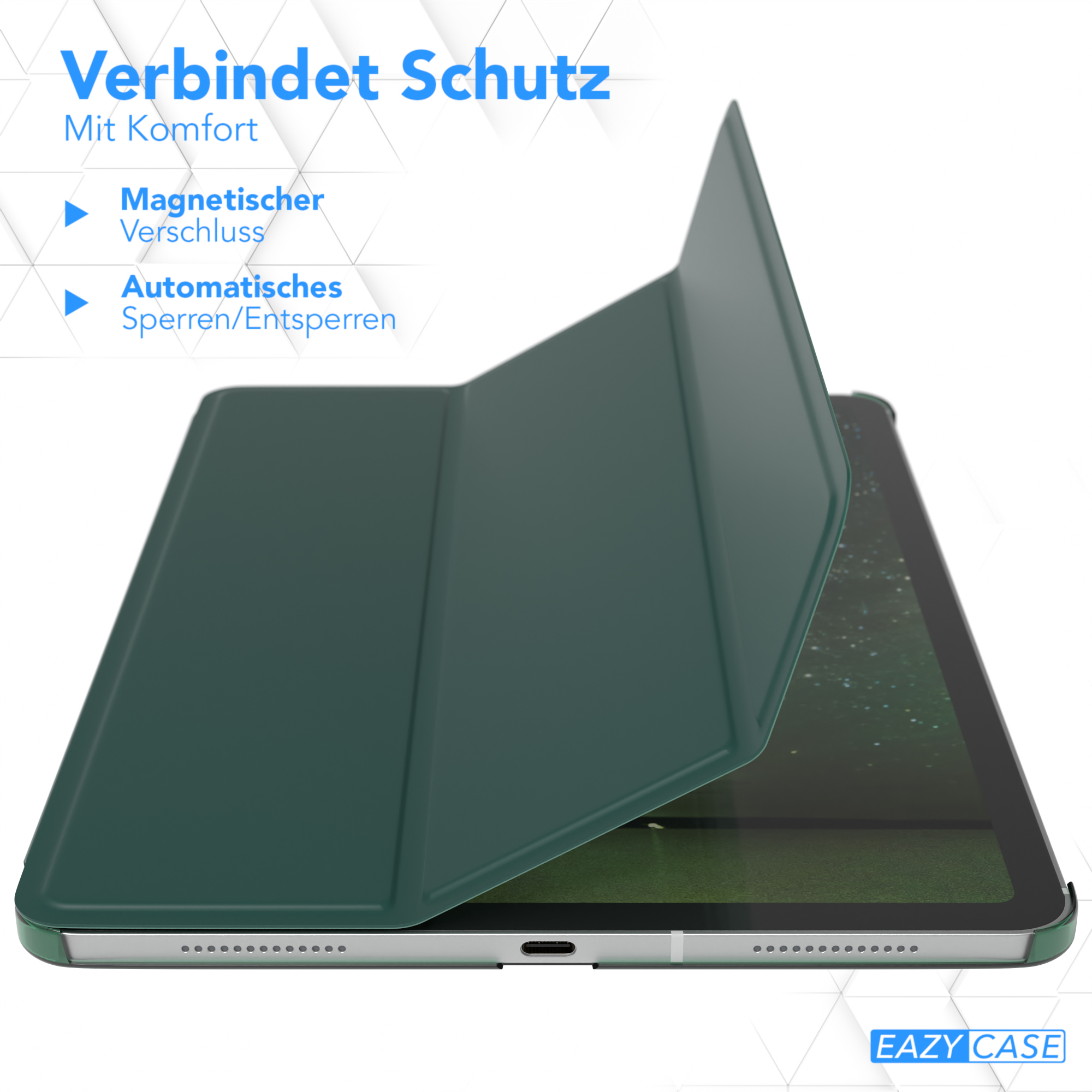 Eine grüne Tablet-Hülle, teilweise geöffnet. Sie hat einen Magnetverschluss und eine automatische Weckfunktion.