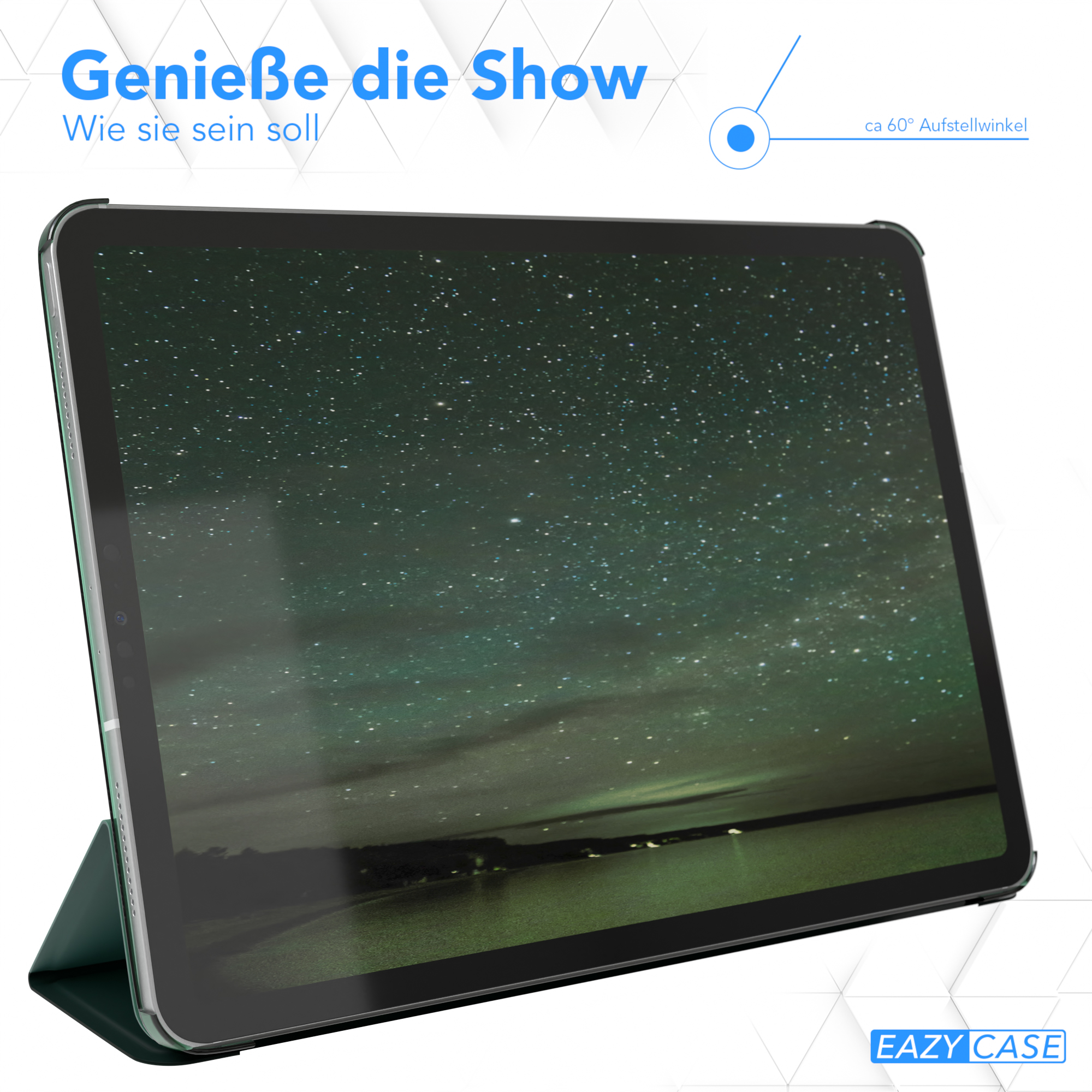 Ein Tablet mit grüner Hülle, das eine Nachthimmel-Szene zeigt. Die Hülle ist leicht geöffnet, im 60-Grad-Winkel.