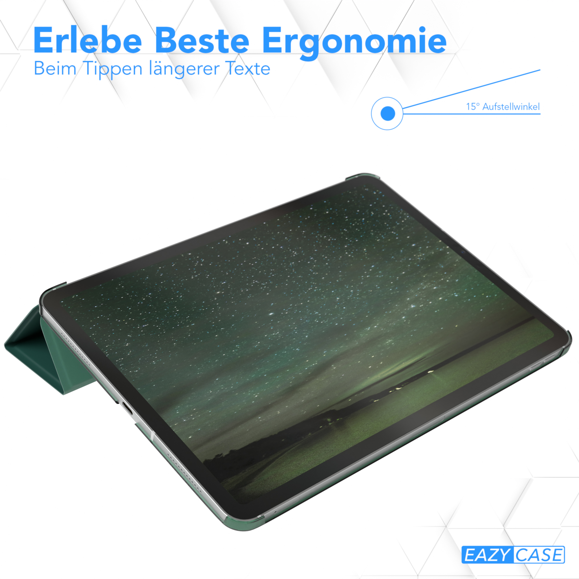 Eine grüne Tablethülle mit offenem Deckel, die den Tablettbildschirm zeigt. Text über Ergonomie ist vorhanden.
