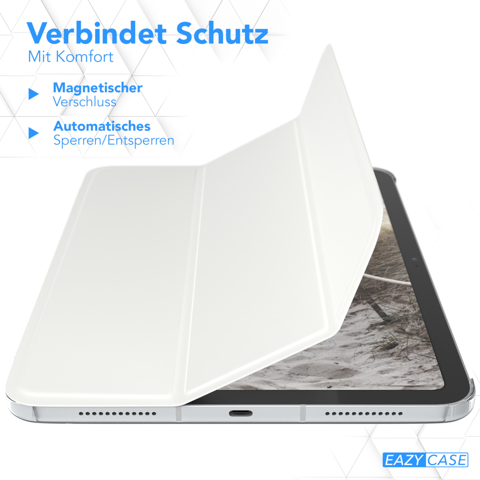 Weiße Tablet-Hülle geöffnet, um einen Sandstrandhintergrund freizulegen.