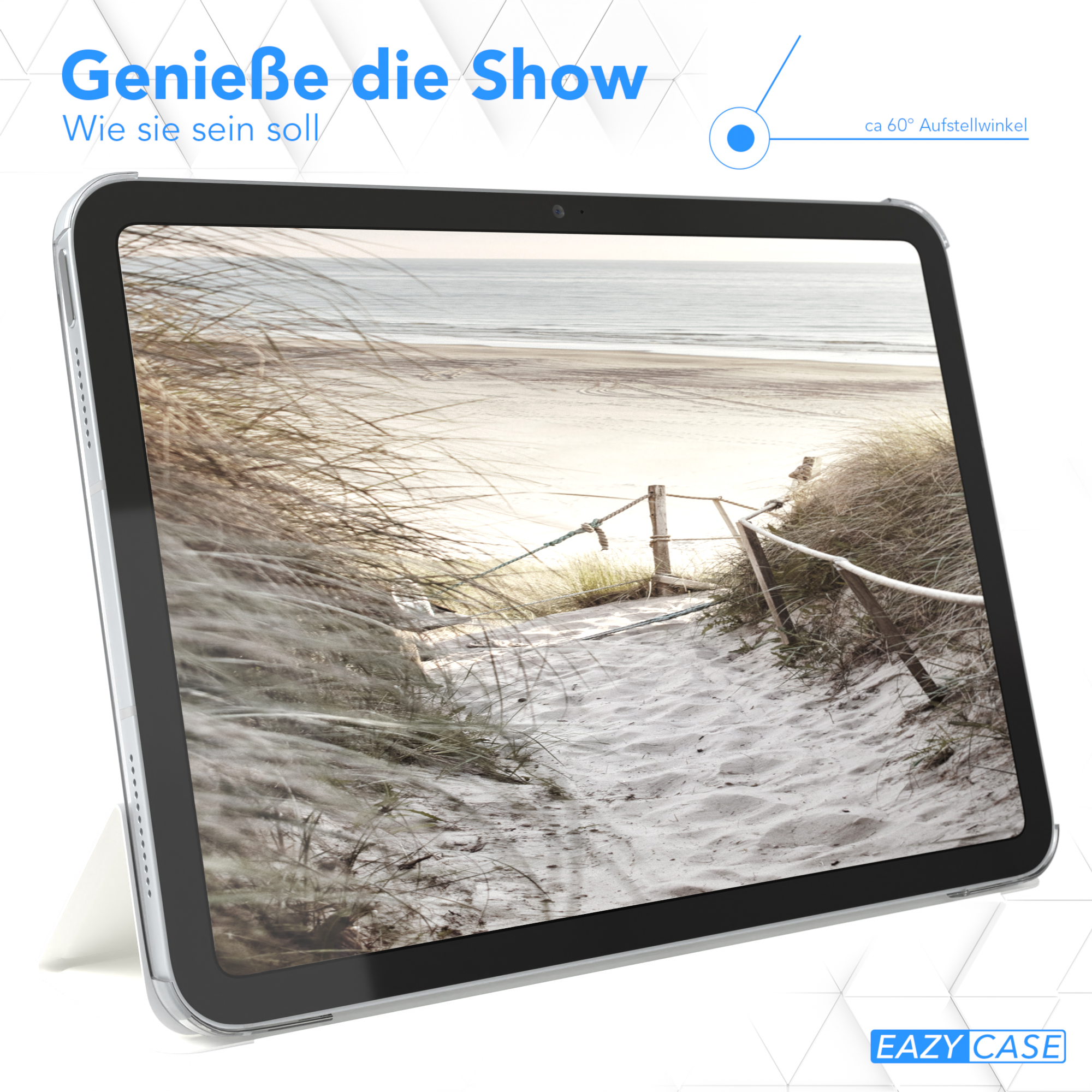 Ein Tablet in einer Hülle mit einer Strandszene auf dem Bildschirm. Text: "Genieße die Show".