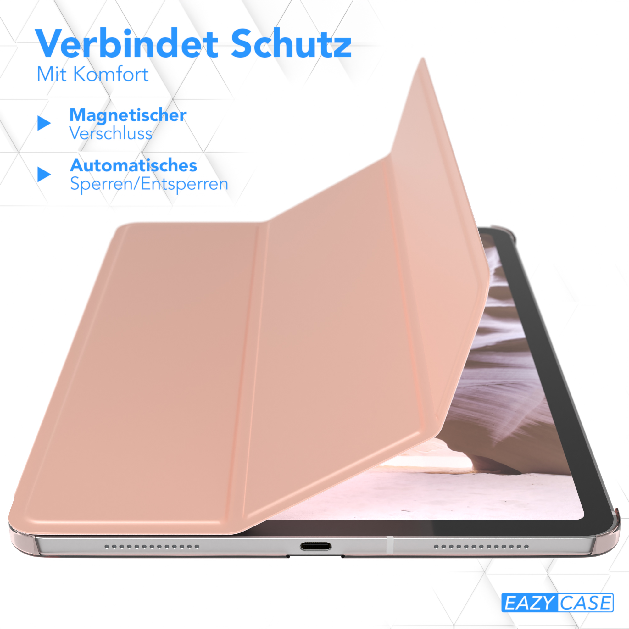 Tablet in einem rosa Etui, teilweise geöffnet, zeigt den Bildschirm. Das Etui hat einen Magnetverschluss.