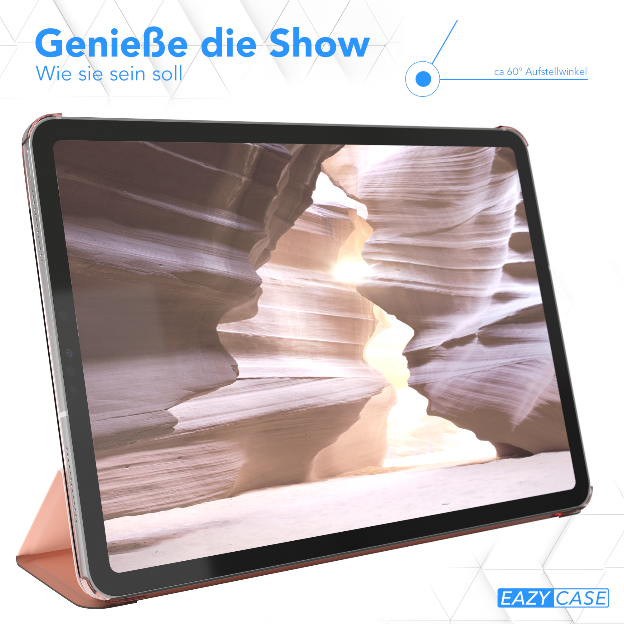 Tablet mit Canyons-Bild, angewinkelt mit Hülle. Text: 'Genieße die Show'.