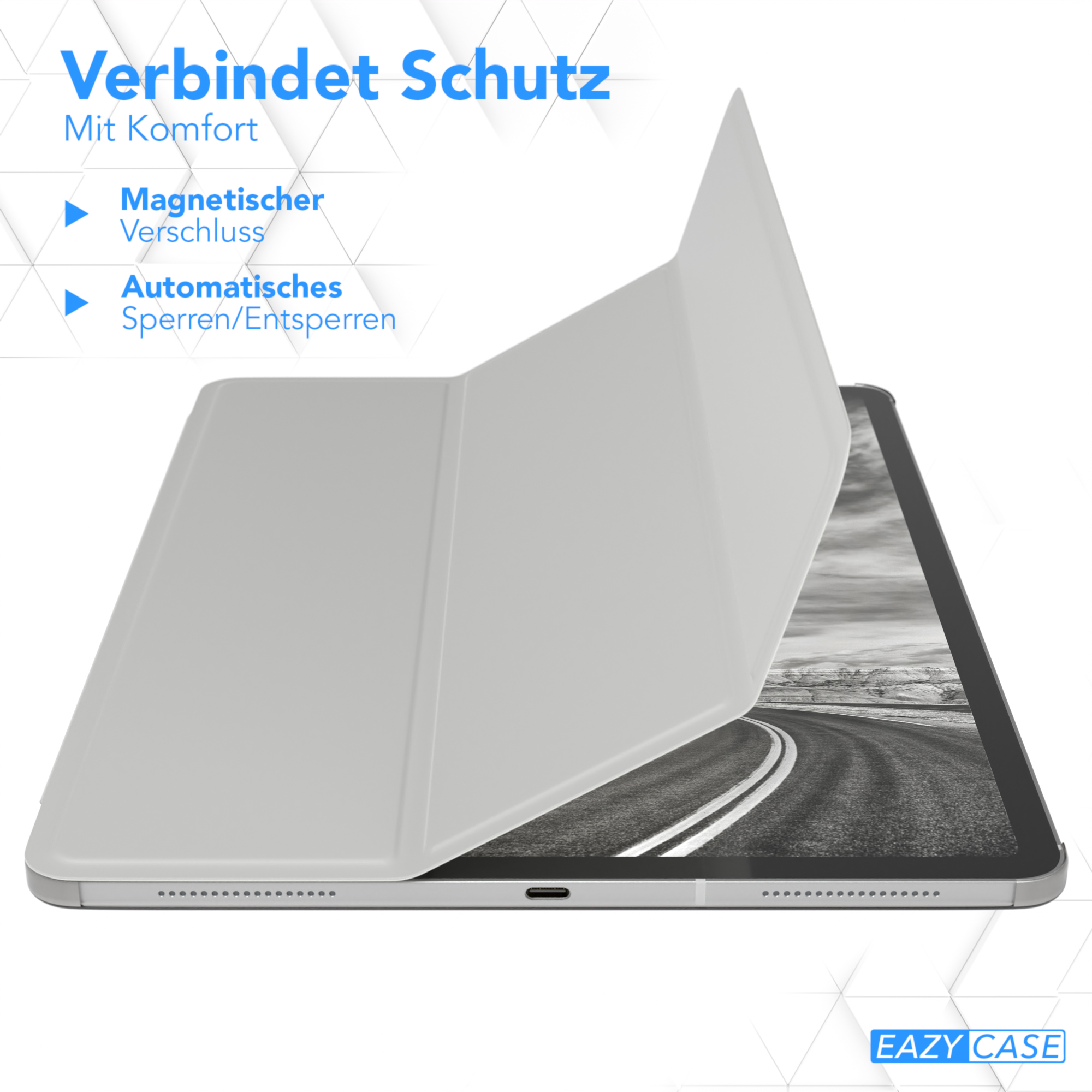 Eine weiße Tablethülle, mit einem Cover, auf dem 'Magnetverschluss' und 'Automatisches Sperren' steht.