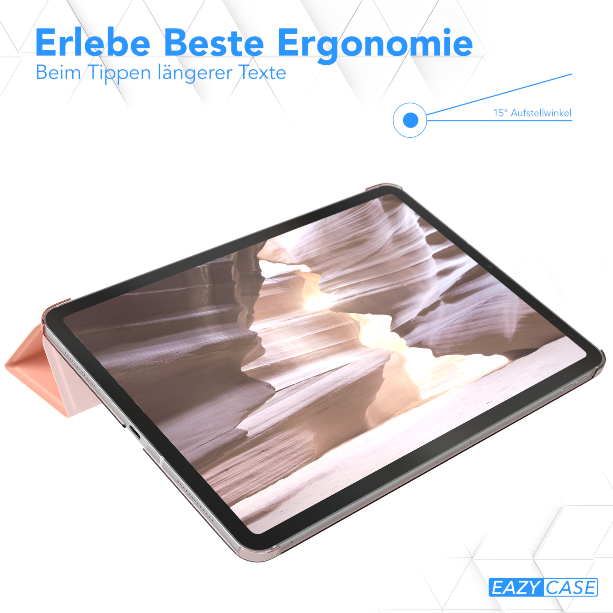 Tablet mit rosa Hülle, zeigt rote Landschaft. Für Tippen angewinkelt.