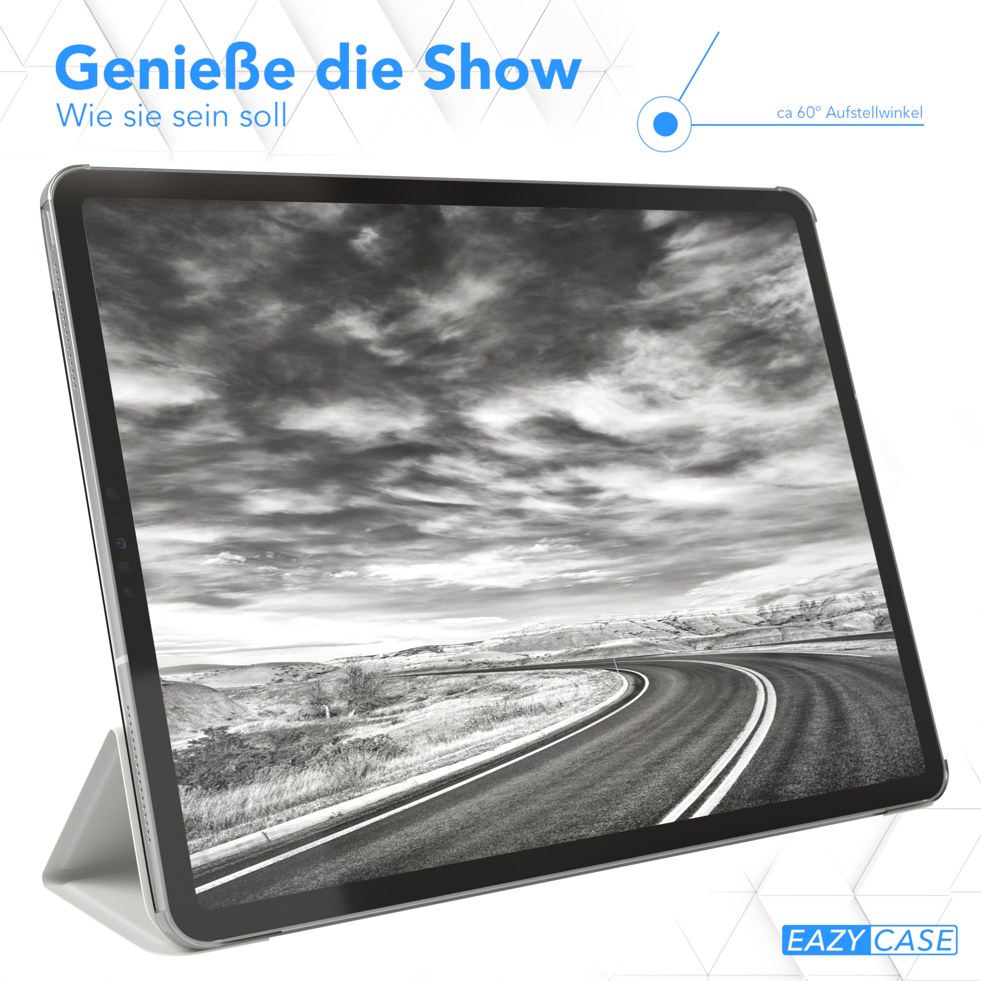Tablet mit szenischer Anzeige, gestützt von einem Ständer. Himmel mit Straße in der Mitte.