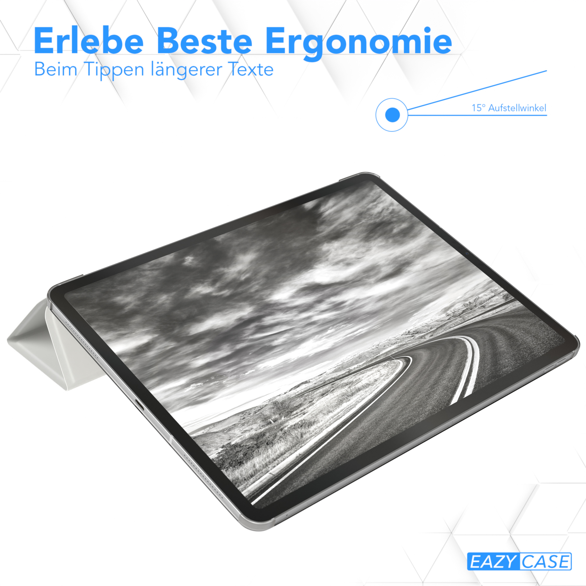 Ein Tablet mit Tastaturhülle, um 15 Grad geneigt, zeigt ein Straßenbild.
