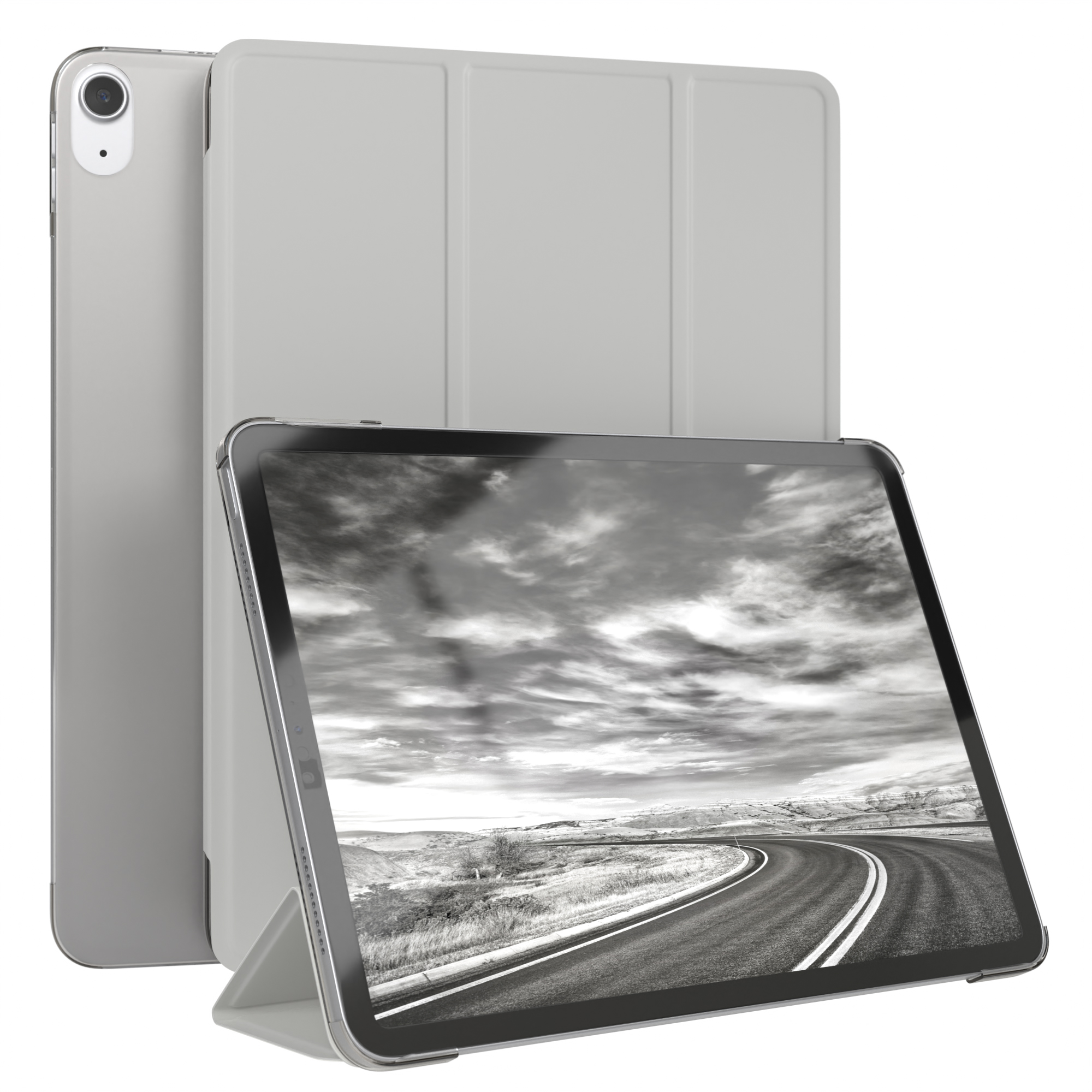 Ein Tablet mit Hülle. Der Bildschirm zeigt eine Straße mit bewölktem Himmel.