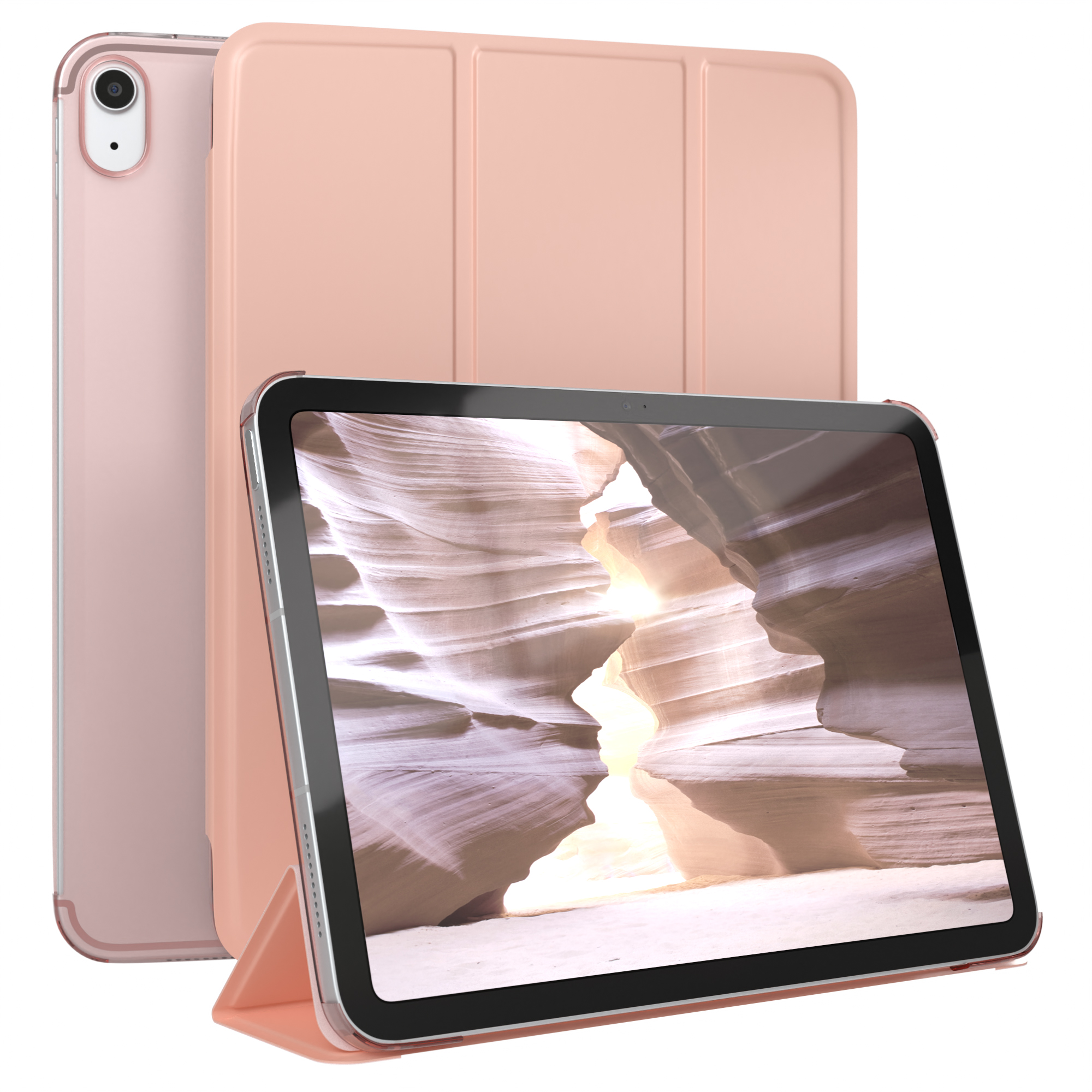 Rosa Tablet mit Hülle. Zeigt ein Canyon-Bild. Ein weiteres Tablet und eine Hülle befinden sich dahinter.
