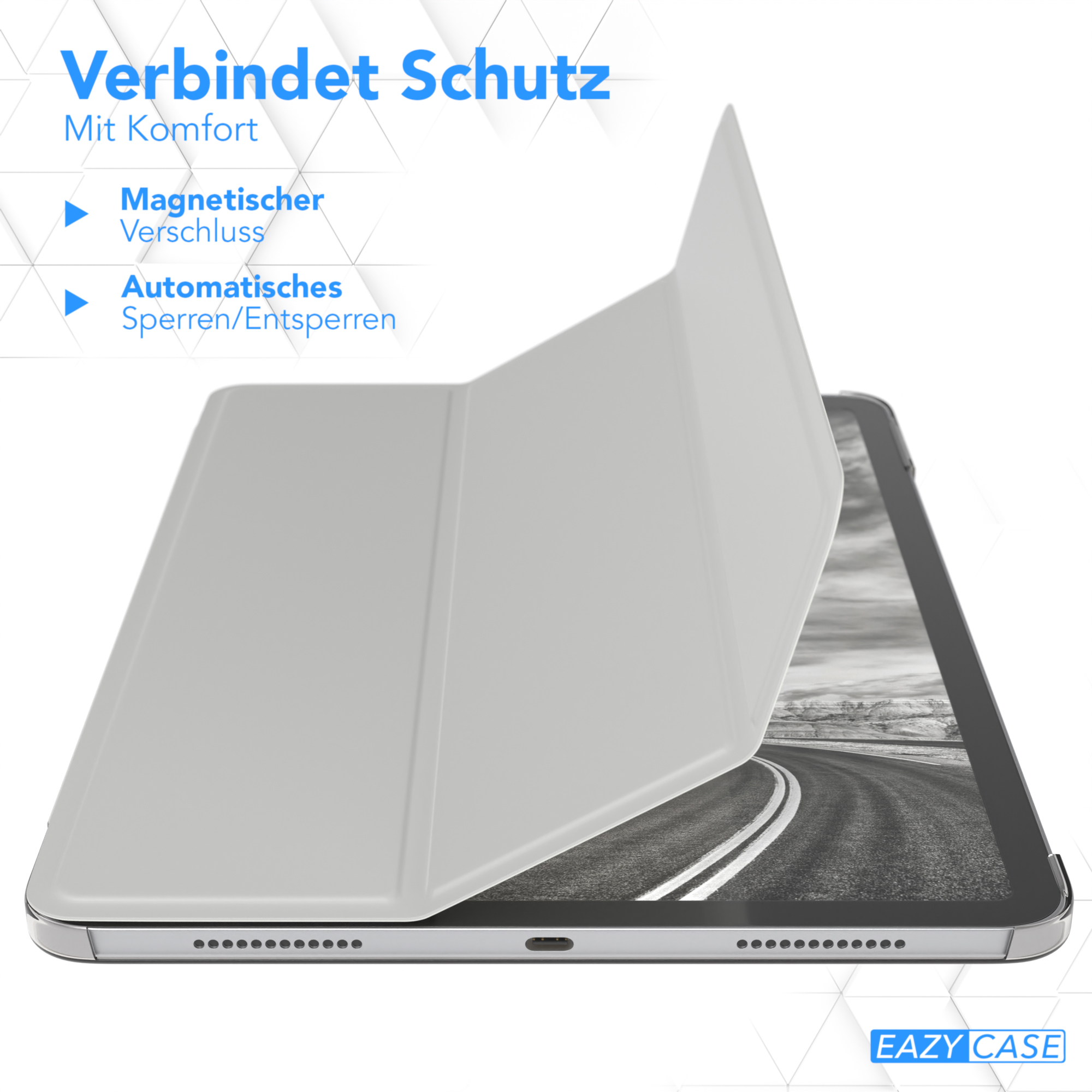 Tablet mit Hülle. Text: Verbindet Schutz. Merkmale: Magnetverschluss, automatisches Sperren/Entsperren.