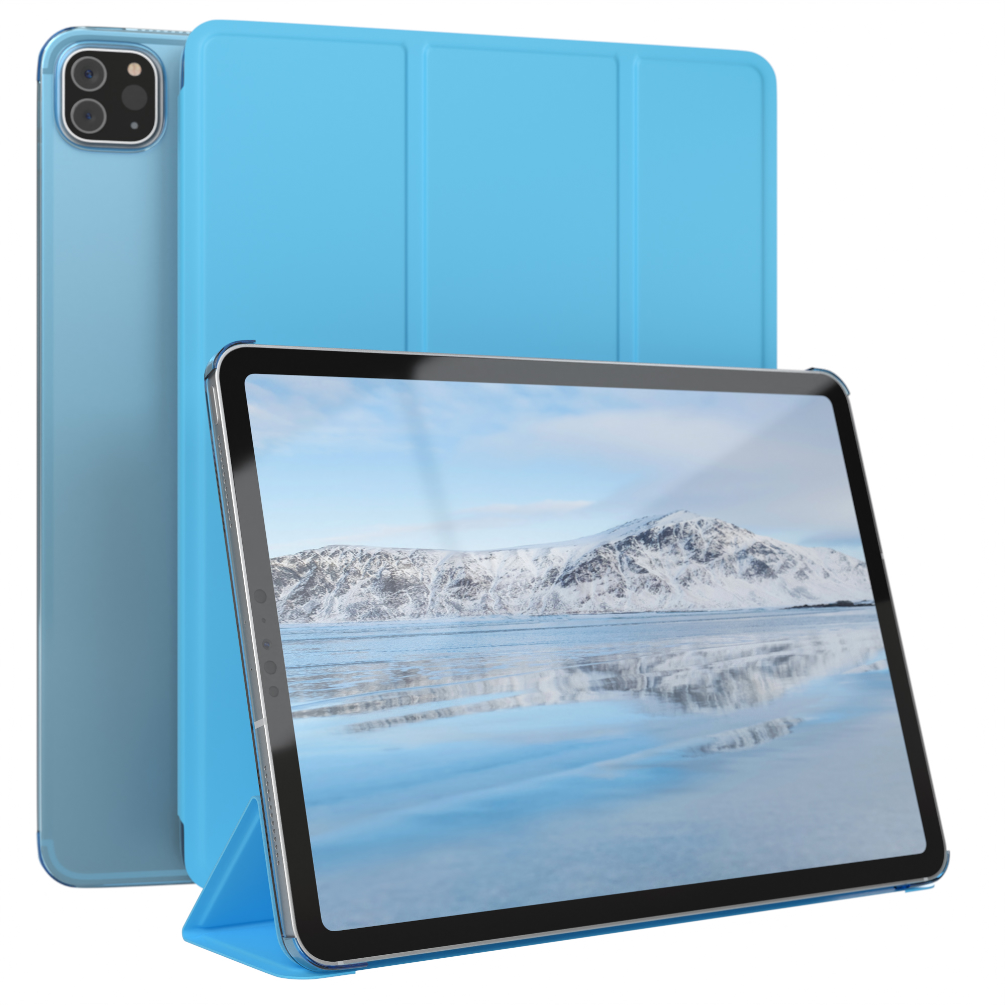 Blaue Tablethülle mit einem Tablet darin. Das Tablet zeigt eine schneebedeckte Berglandschaft.