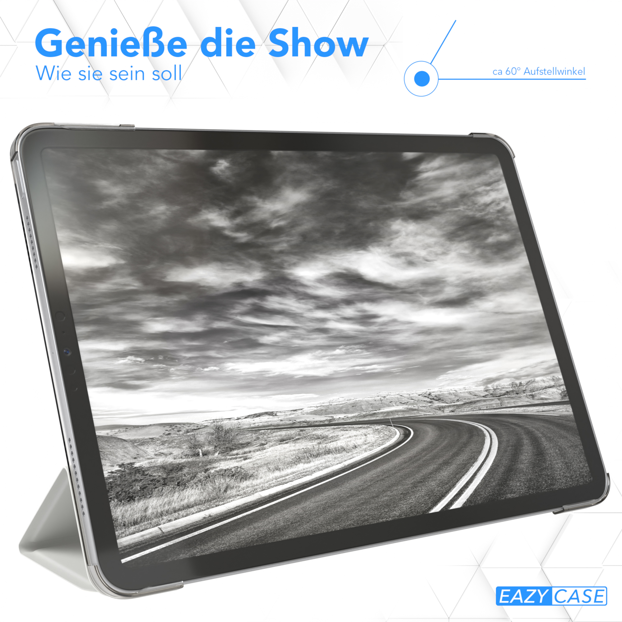 Tablet mit Hülle, das eine Landschaft mit einer kurvenreichen Straße auf dem Bildschirm zeigt. Weiß- und Grautöne.