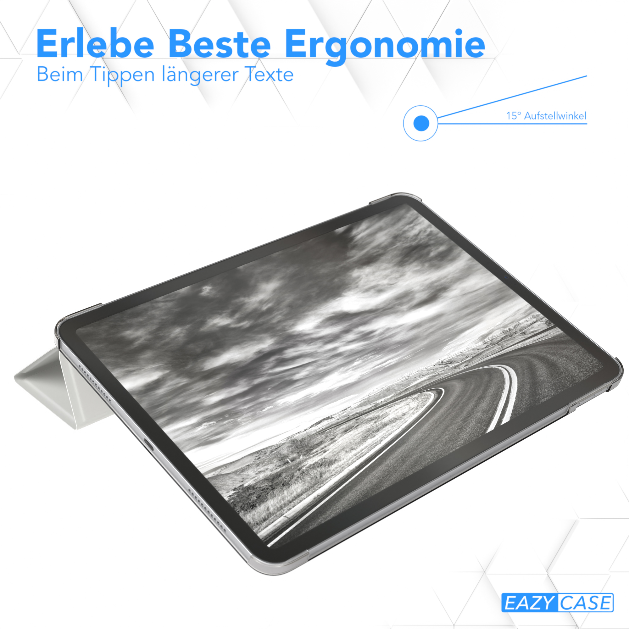 Tablet in einer Hülle, die eine Straßenszene zeigt. Die Hülle bietet einen Winkel von 15 Grad zum Tippen.