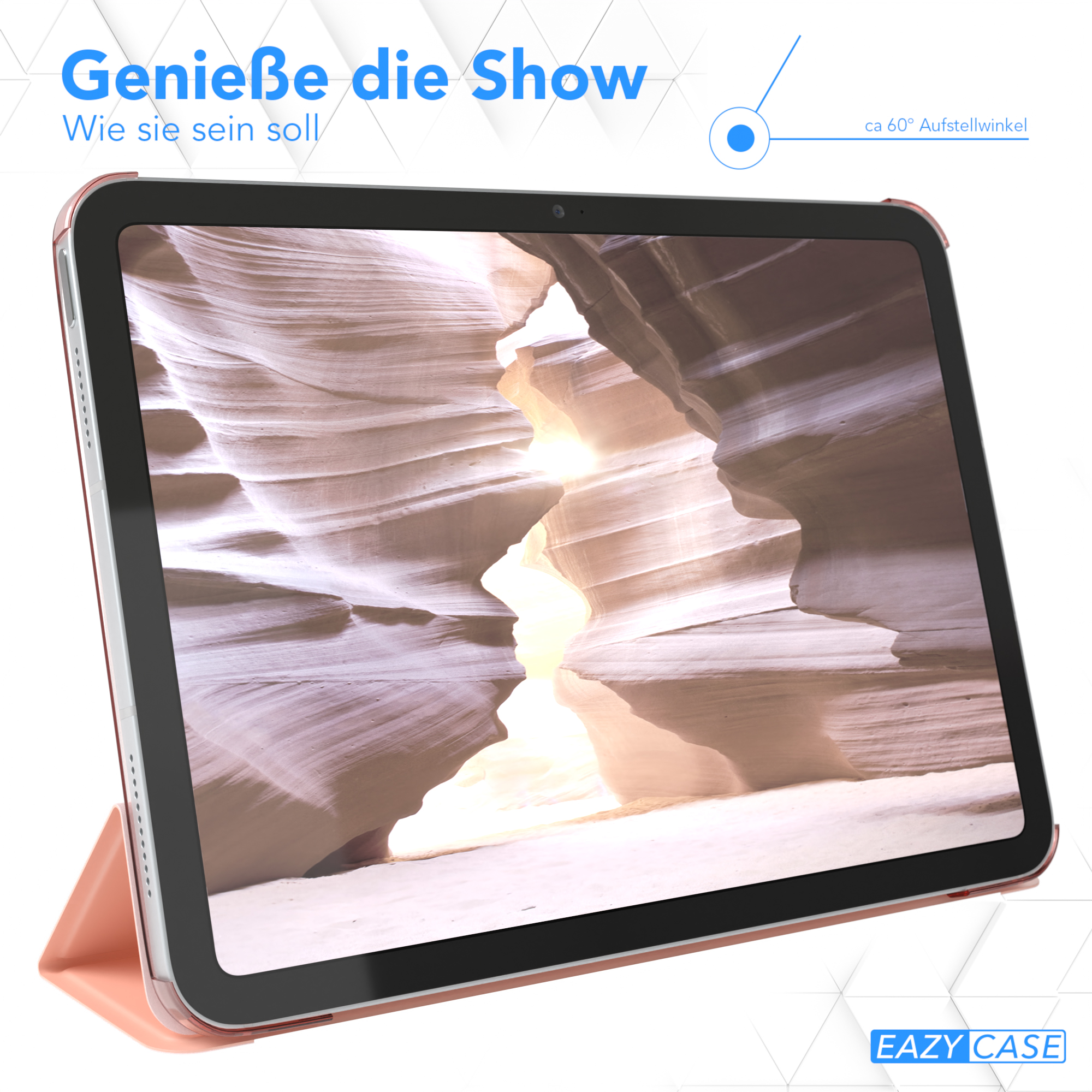 Ein Tablet ist aufgestellt. Eine Pflanze und eine Tasse stehen auf dem Tisch.